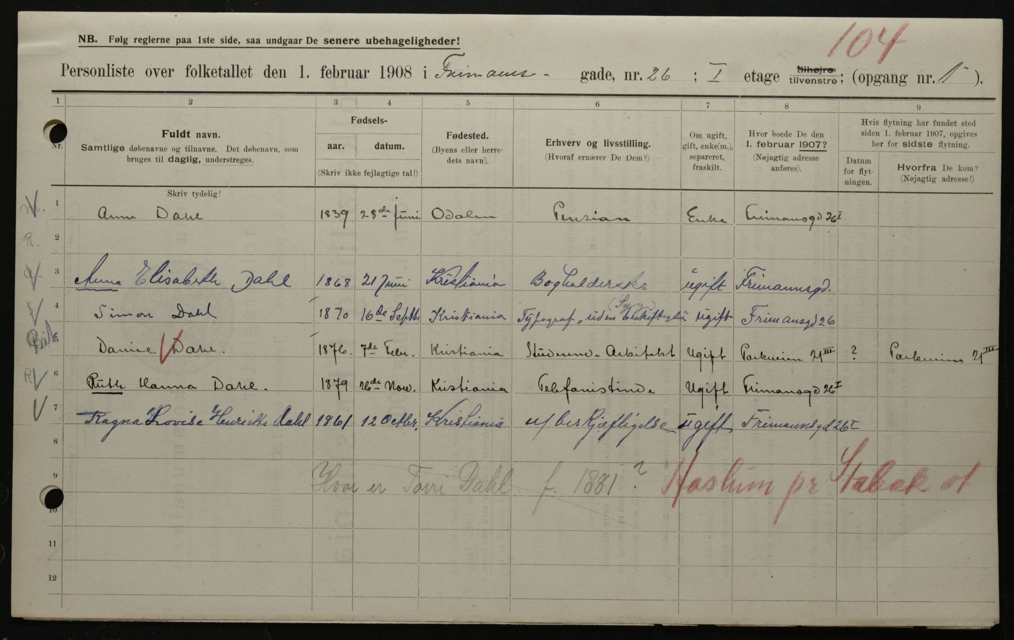 OBA, Municipal Census 1908 for Kristiania, 1908, p. 24413