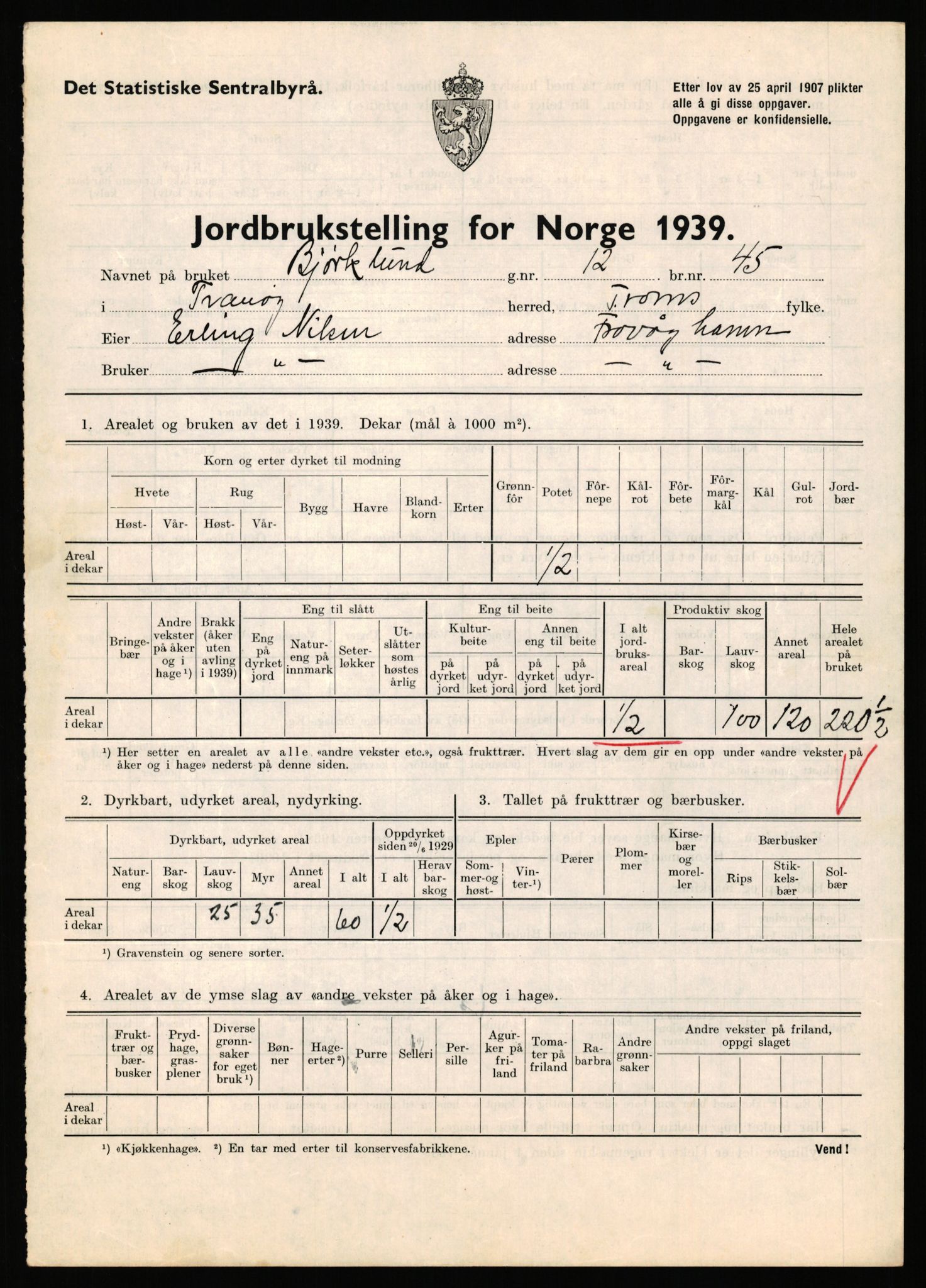 Statistisk sentralbyrå, Næringsøkonomiske emner, Jordbruk, skogbruk, jakt, fiske og fangst, AV/RA-S-2234/G/Gb/L0341: Troms: Sørreisa og Tranøy, 1939, p. 870