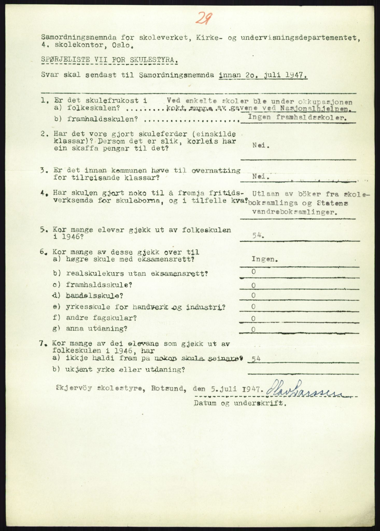 Kirke- og undervisningsdepartementet, Samordningsnemnda for skoleverket, AV/RA-S-1146/D/L0008: Svar på spørreskjema fra kommuner i Nord-Trøndelag, Nordland, Troms og Finnmark, 1947, p. 892