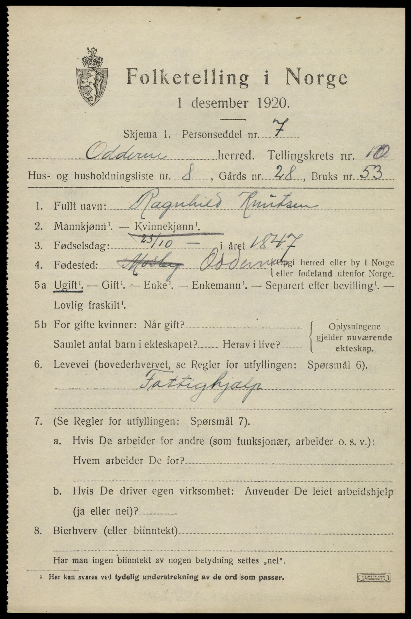 SAK, 1920 census for Oddernes, 1920, p. 6457