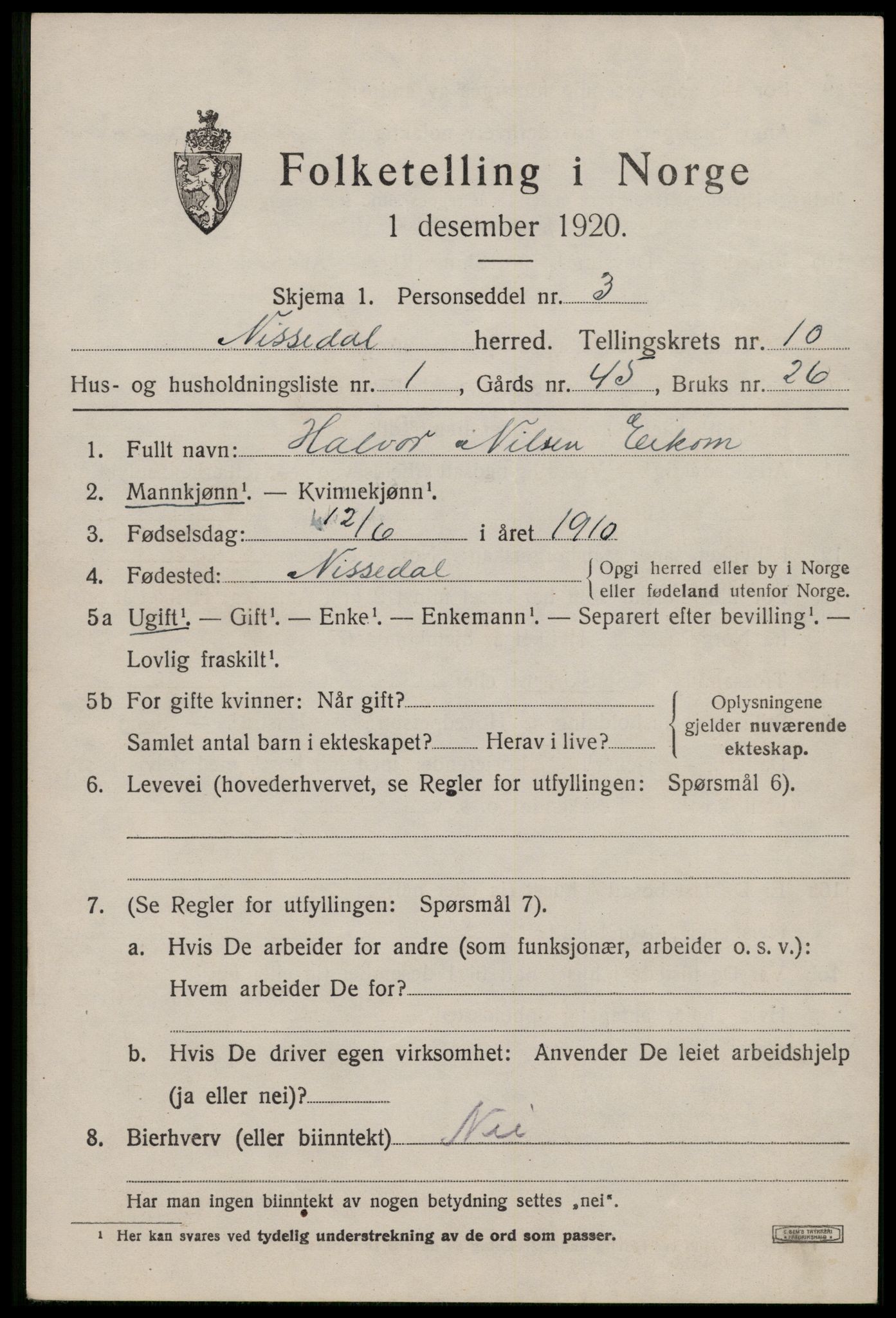 SAKO, 1920 census for Nissedal, 1920, p. 3891