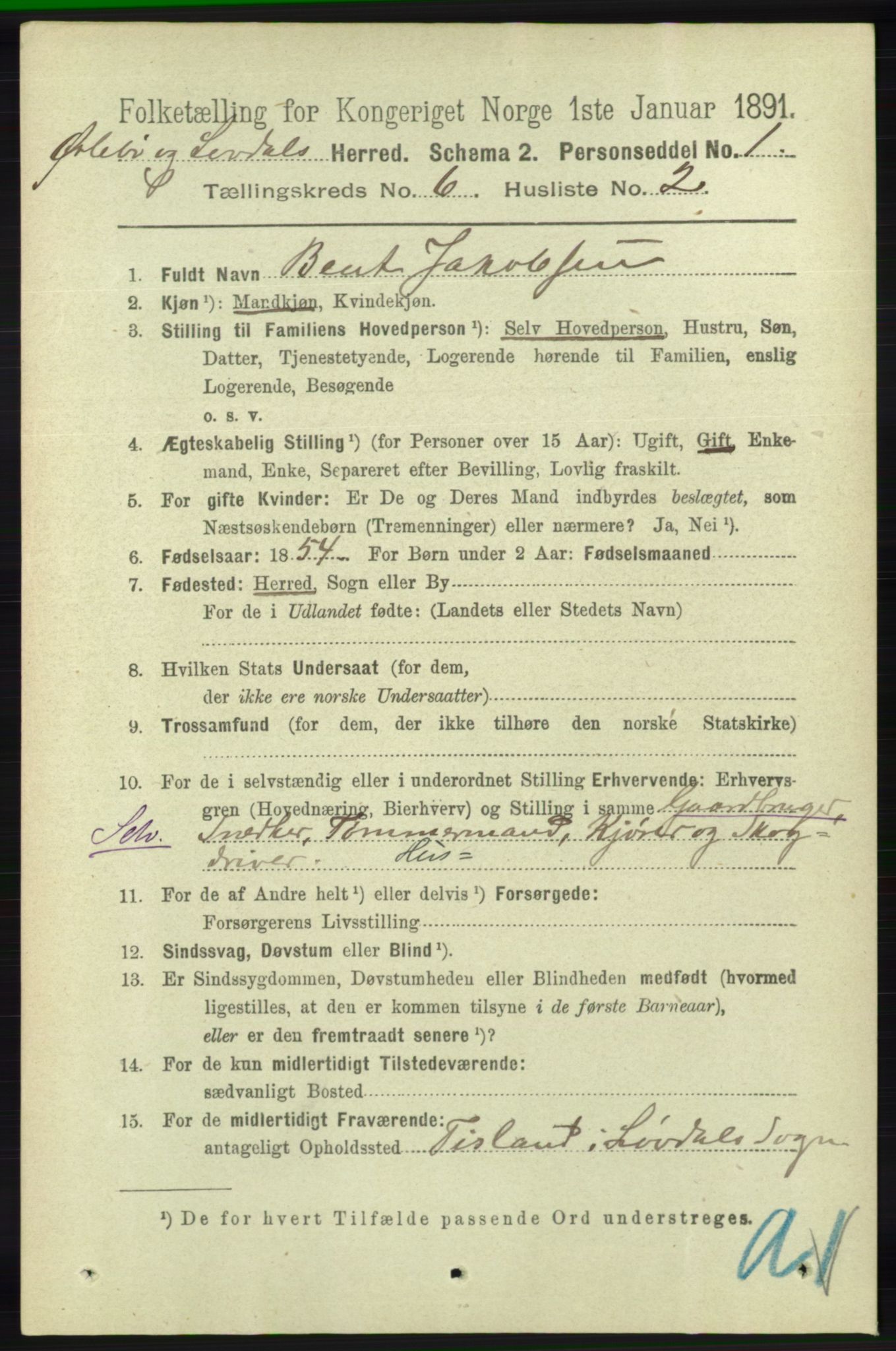 RA, 1891 census for 1021 Øyslebø og Laudal, 1891, p. 1698