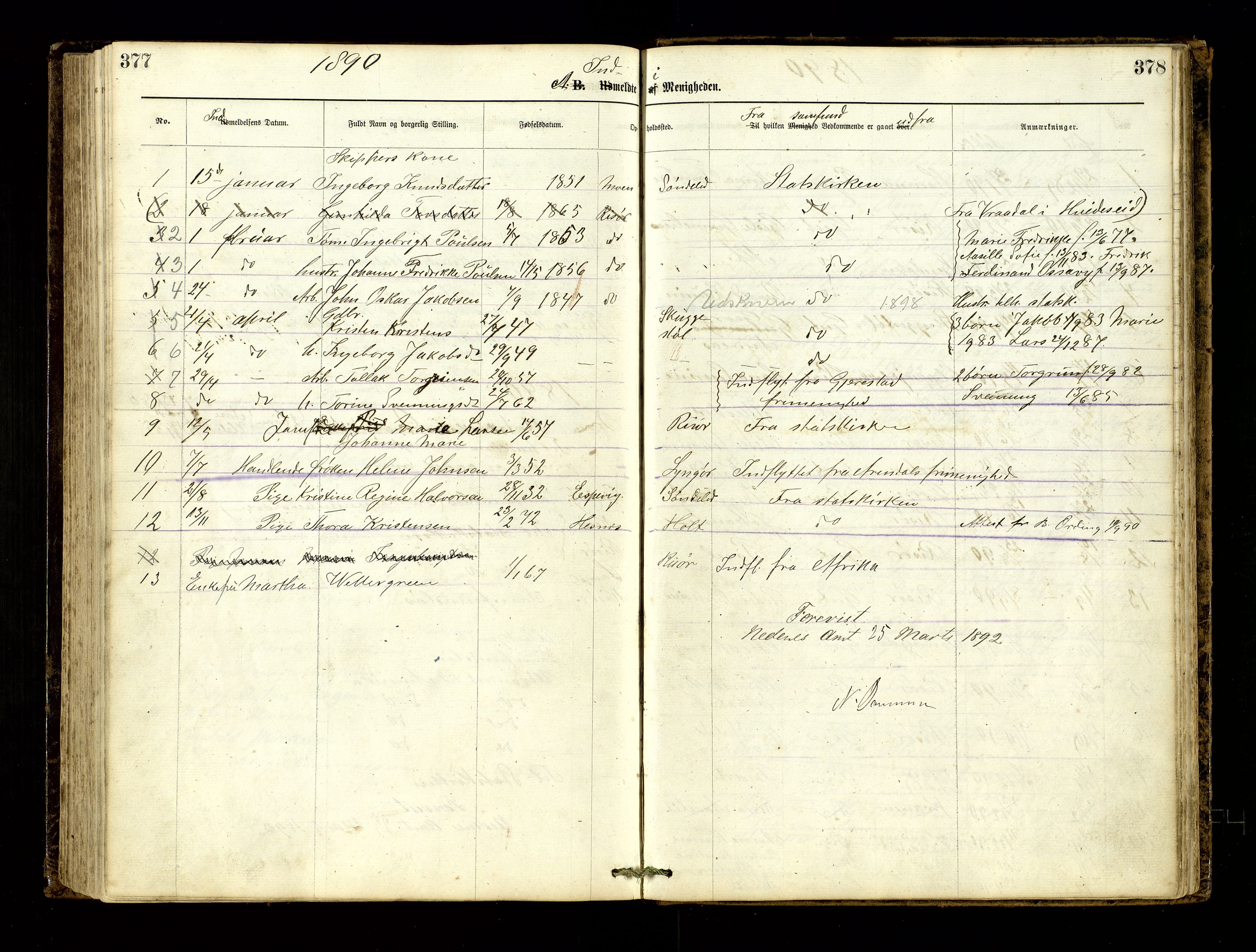 Den evangelisk-lutherske frimenighet, Risør, AV/SAK-1292-0007/F/Fa/L0001: Dissenter register no. F 17, 1877-1892, p. 377-378