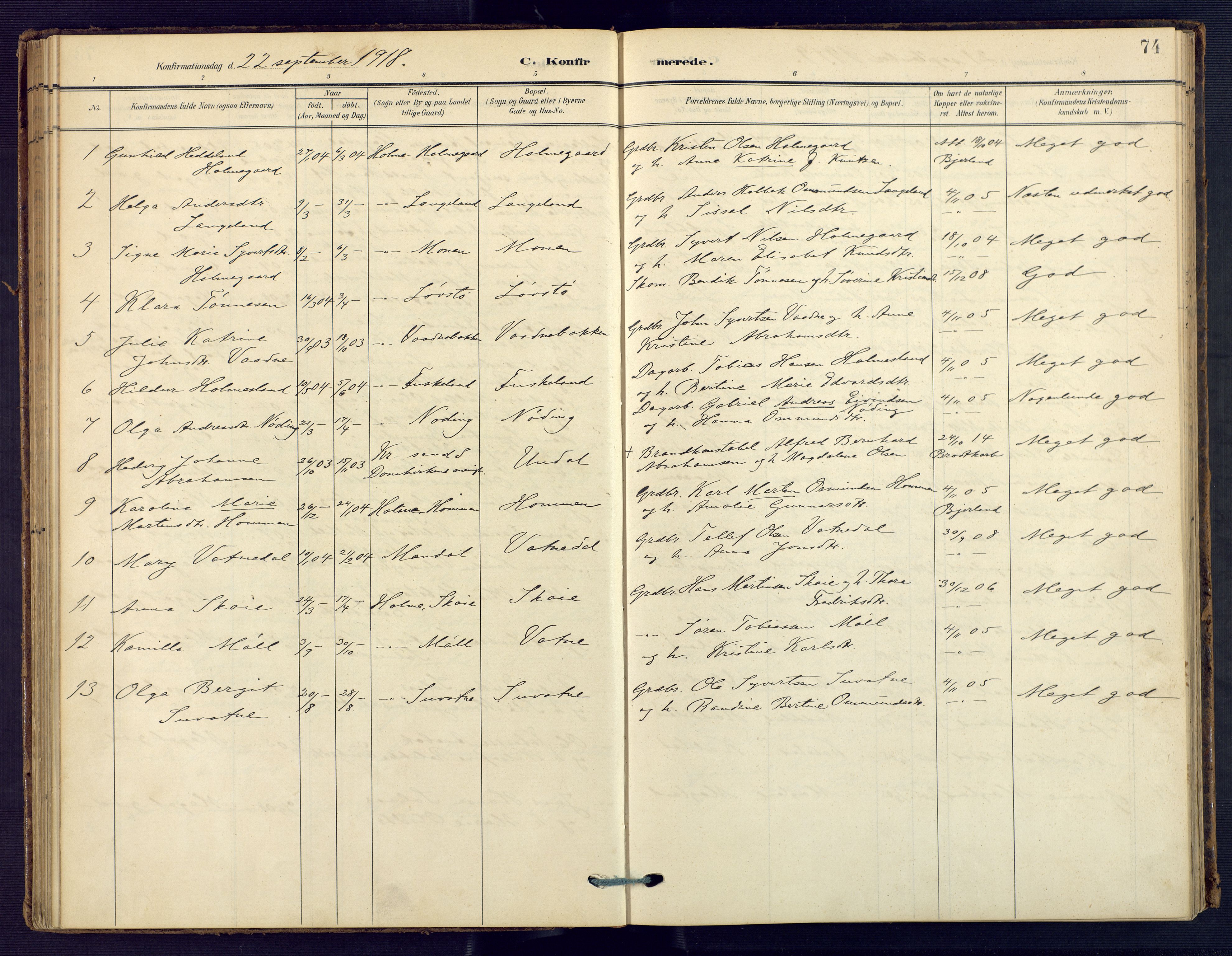 Holum sokneprestkontor, AV/SAK-1111-0022/F/Fa/Faa/L0008: Parish register (official) no. A 8, 1908-1929, p. 74