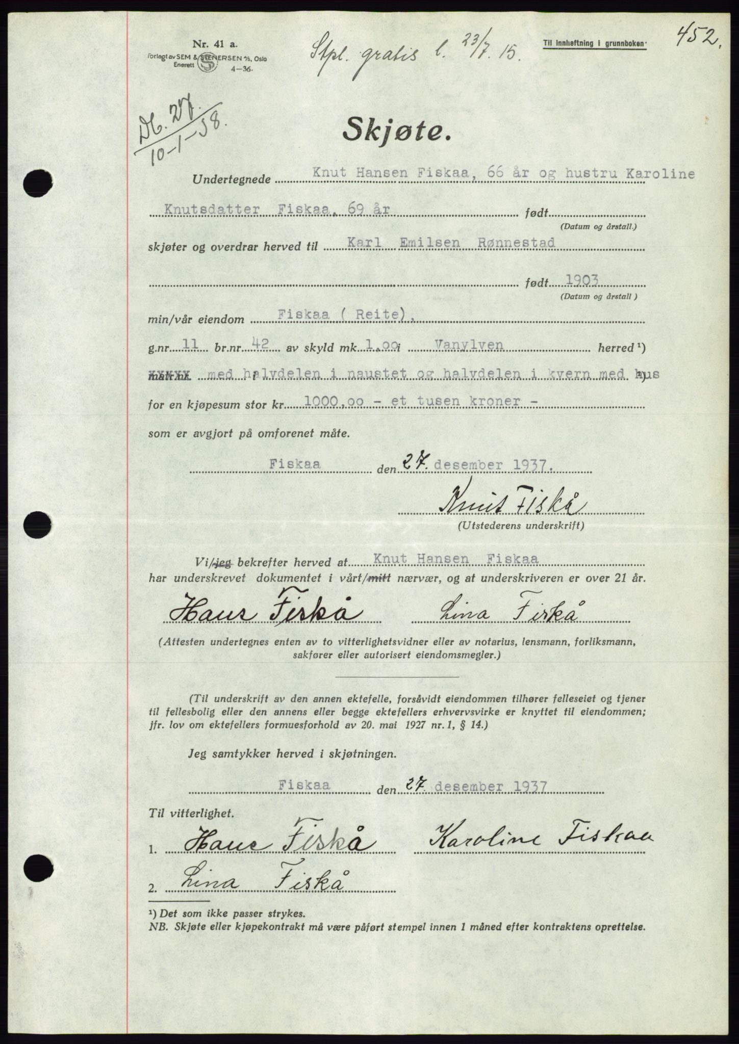 Søre Sunnmøre sorenskriveri, AV/SAT-A-4122/1/2/2C/L0064: Mortgage book no. 58, 1937-1938, Diary no: : 27/1938