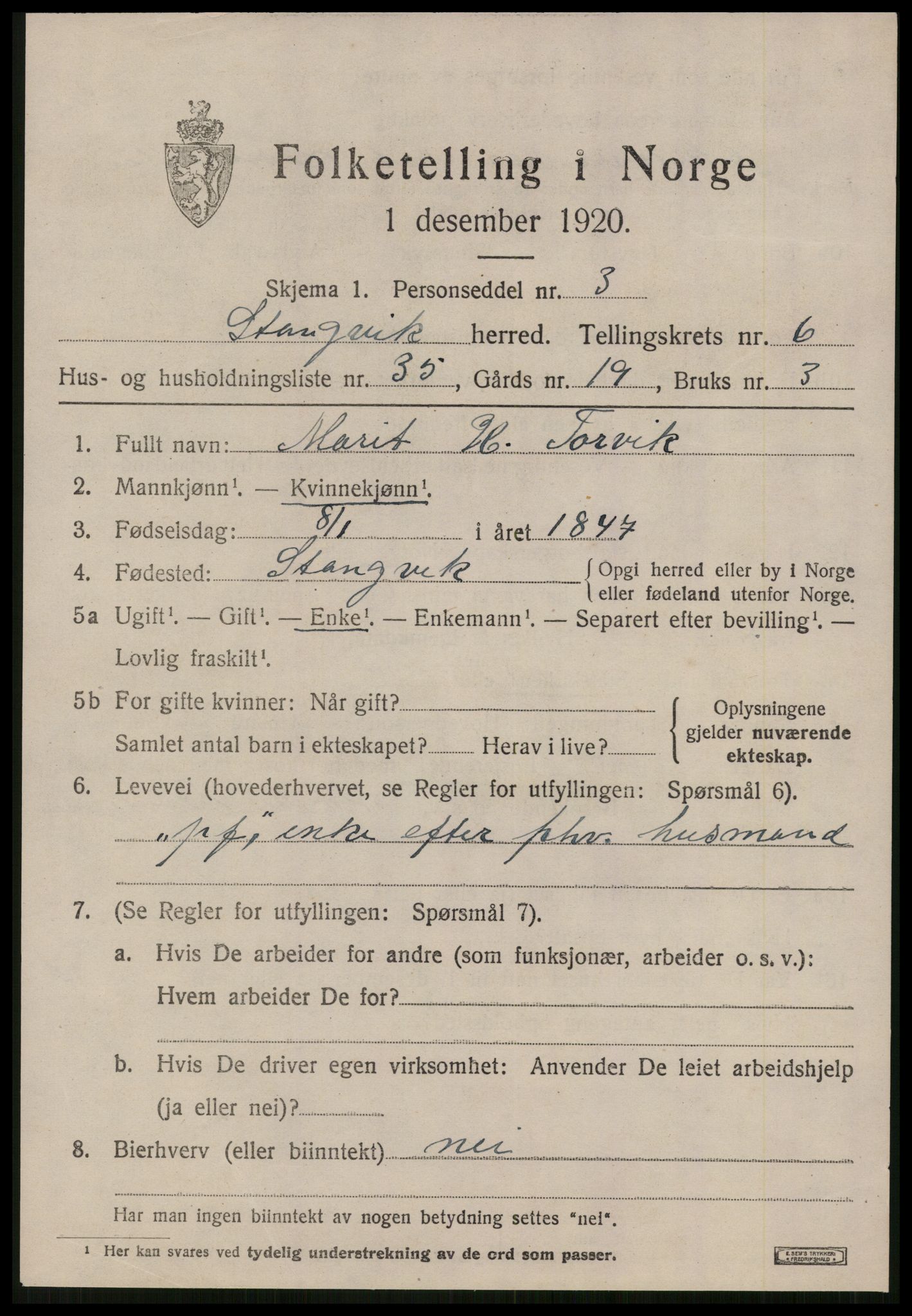 SAT, 1920 census for Stangvik, 1920, p. 4294