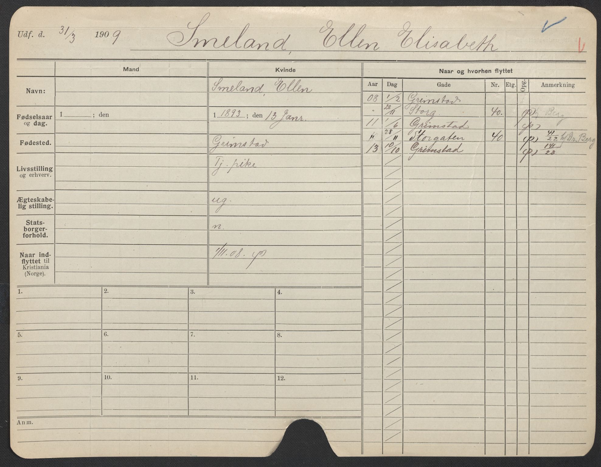 Oslo folkeregister, Registerkort, AV/SAO-A-11715/F/Fa/Fac/L0024: Kvinner, 1906-1914, p. 27a