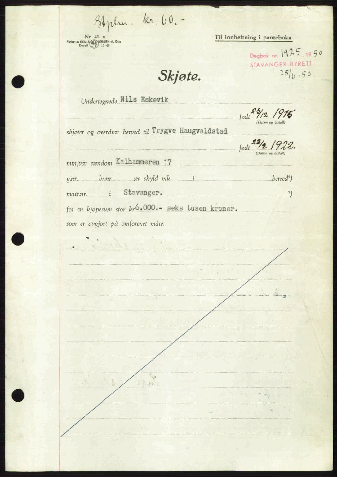 Stavanger byrett, SAST/A-100455/002/G/Gb/L0024: Mortgage book no. A13, 1949-1950, Diary no: : 1925/1950
