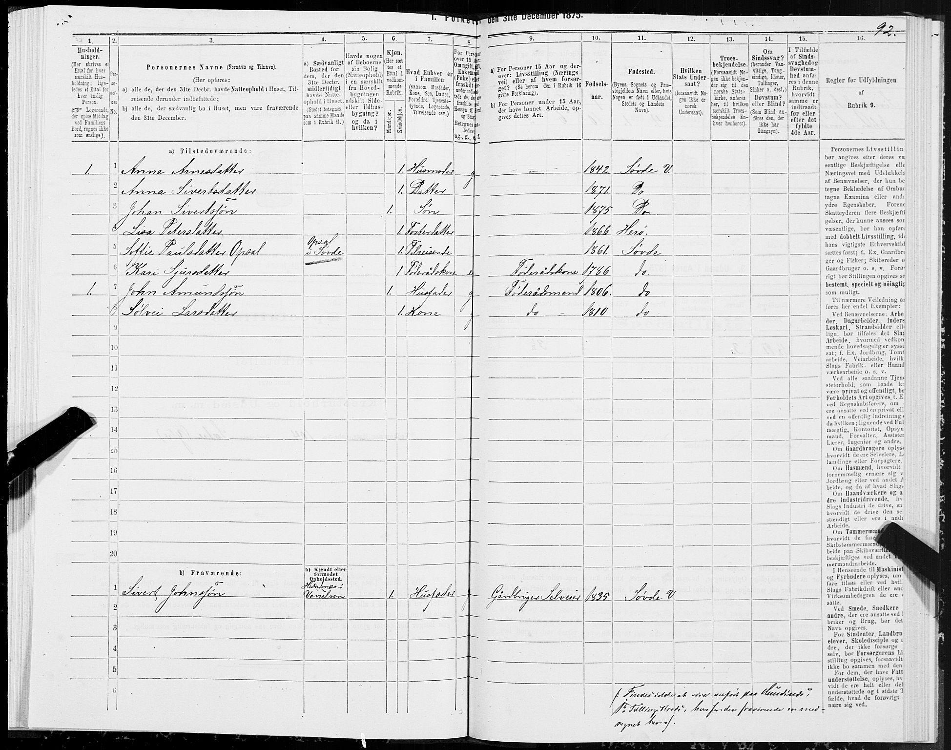 SAT, 1875 census for 1511P Vanylven, 1875, p. 3092