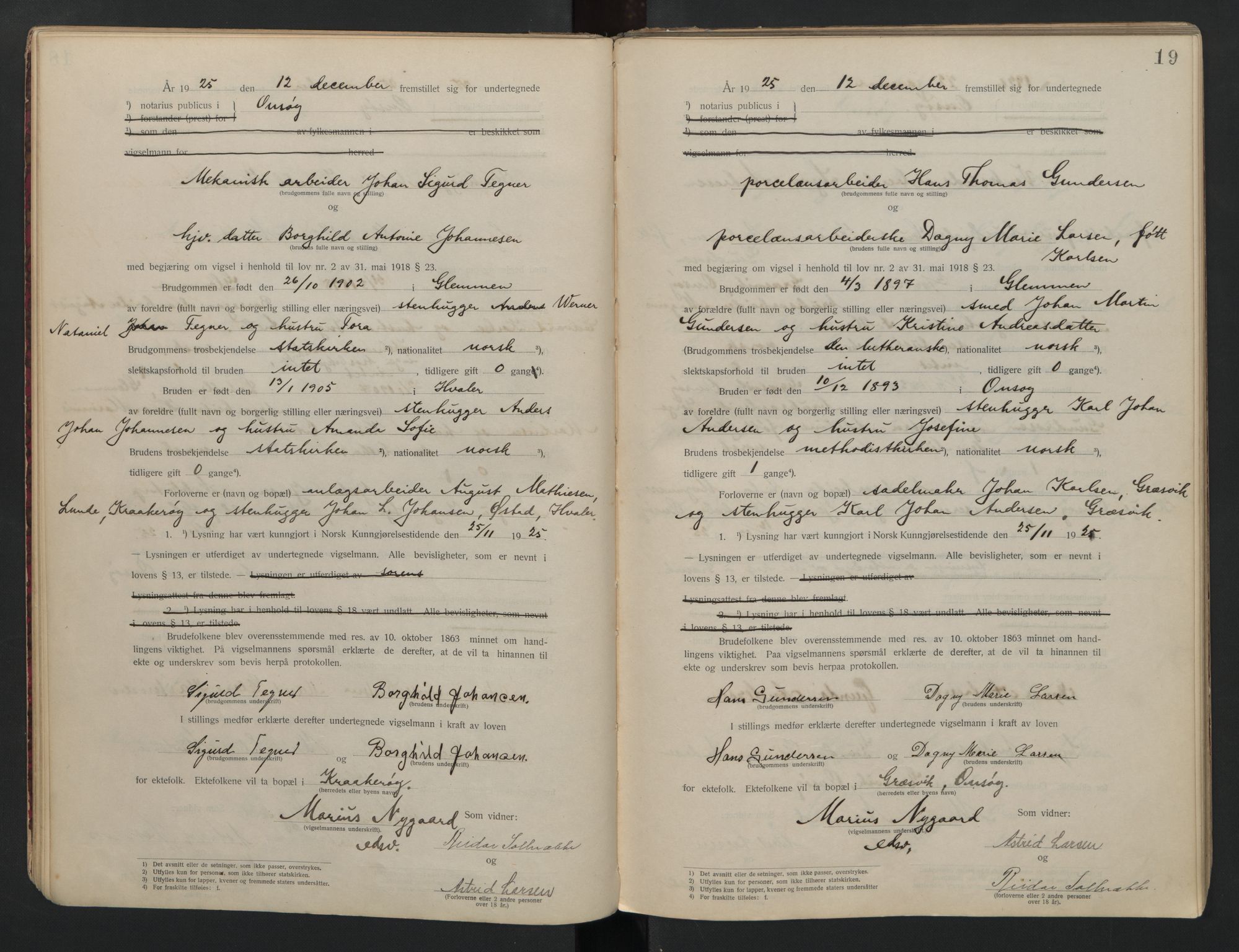 Onsøy sorenskriveri, AV/SAO-A-10474/L/La/L0001: Vigselsbok, 1920-1942, p. 19