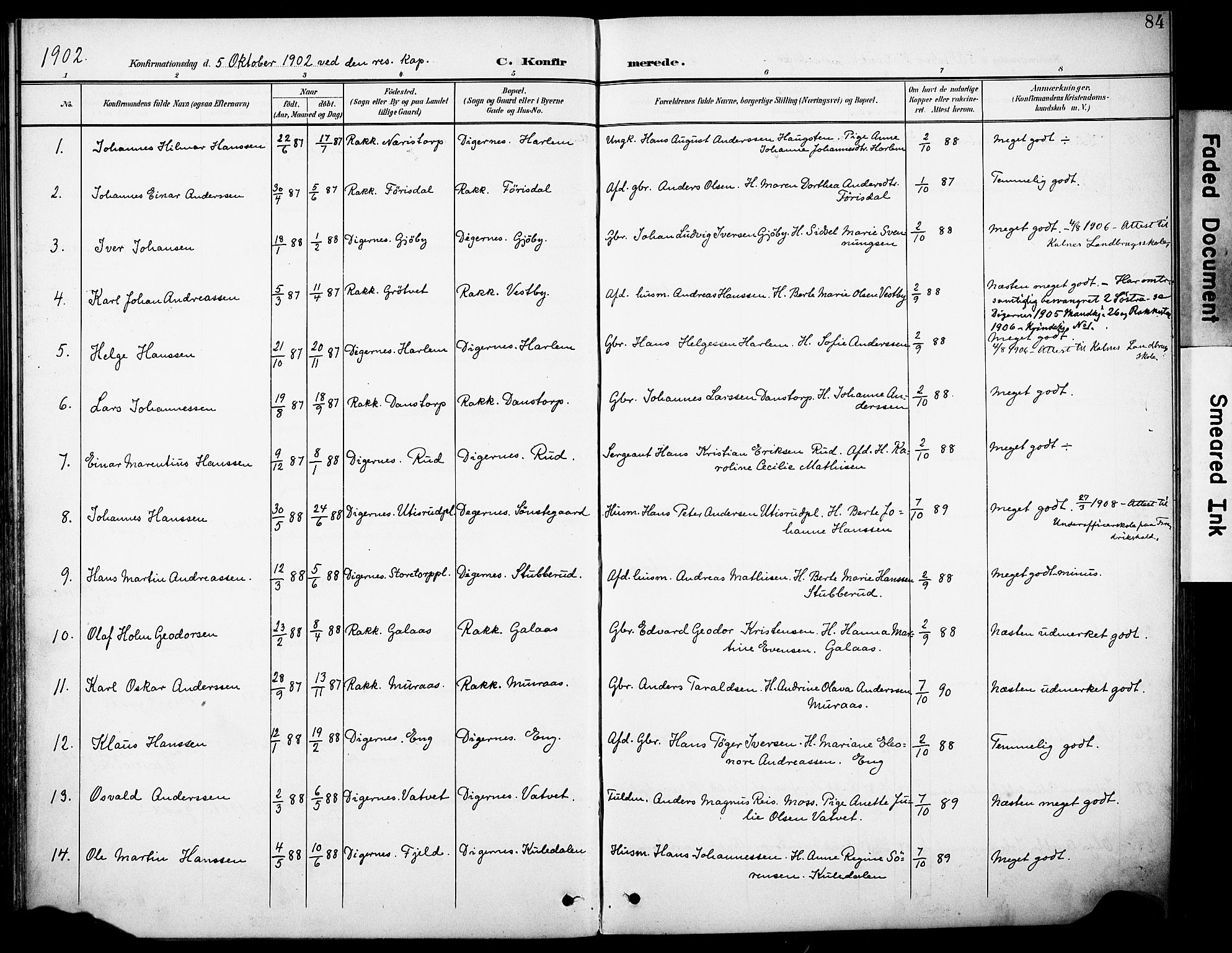 Rakkestad prestekontor Kirkebøker, AV/SAO-A-2008/F/Fb/L0002: Parish register (official) no. II 2, 1900-1920, p. 84