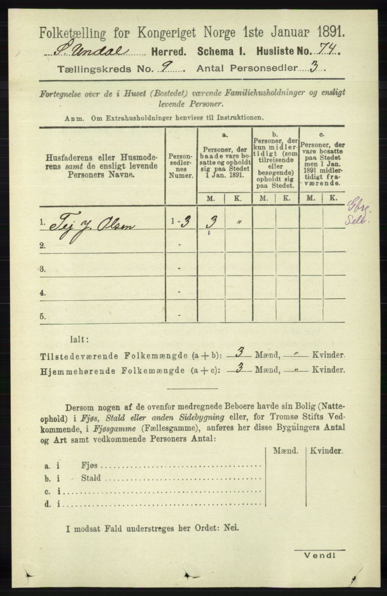 RA, 1891 census for 1029 Sør-Audnedal, 1891, p. 3913