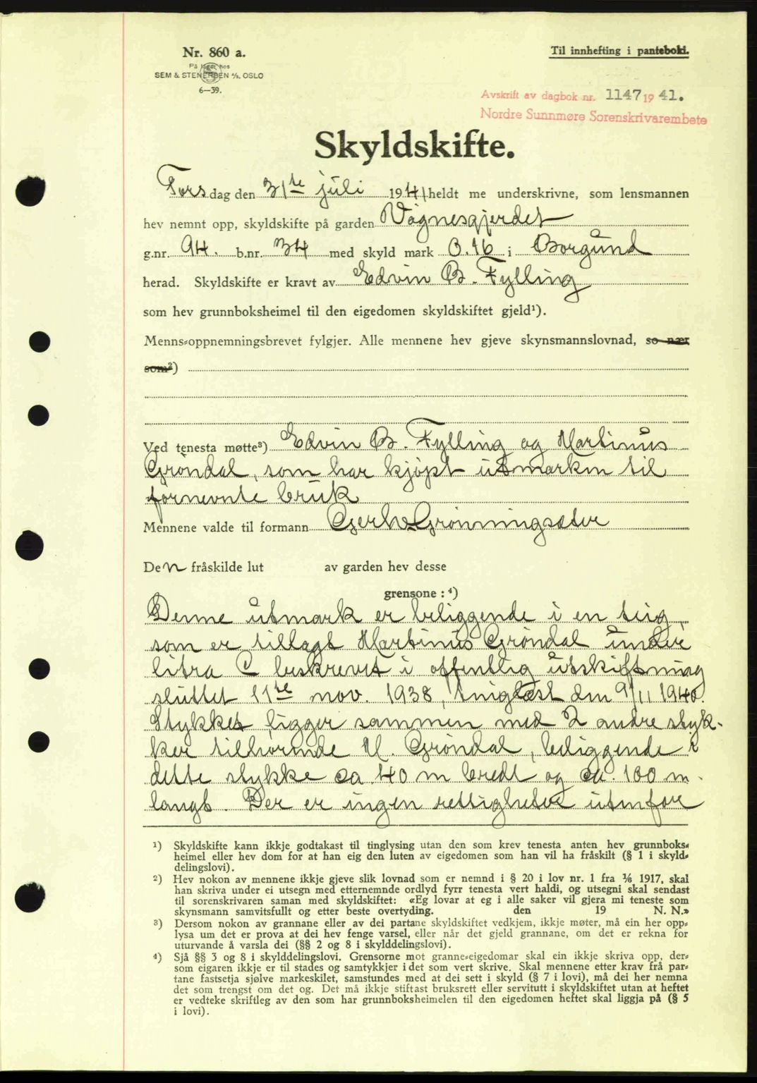 Nordre Sunnmøre sorenskriveri, AV/SAT-A-0006/1/2/2C/2Ca: Mortgage book no. A11, 1941-1941, Diary no: : 1147/1941