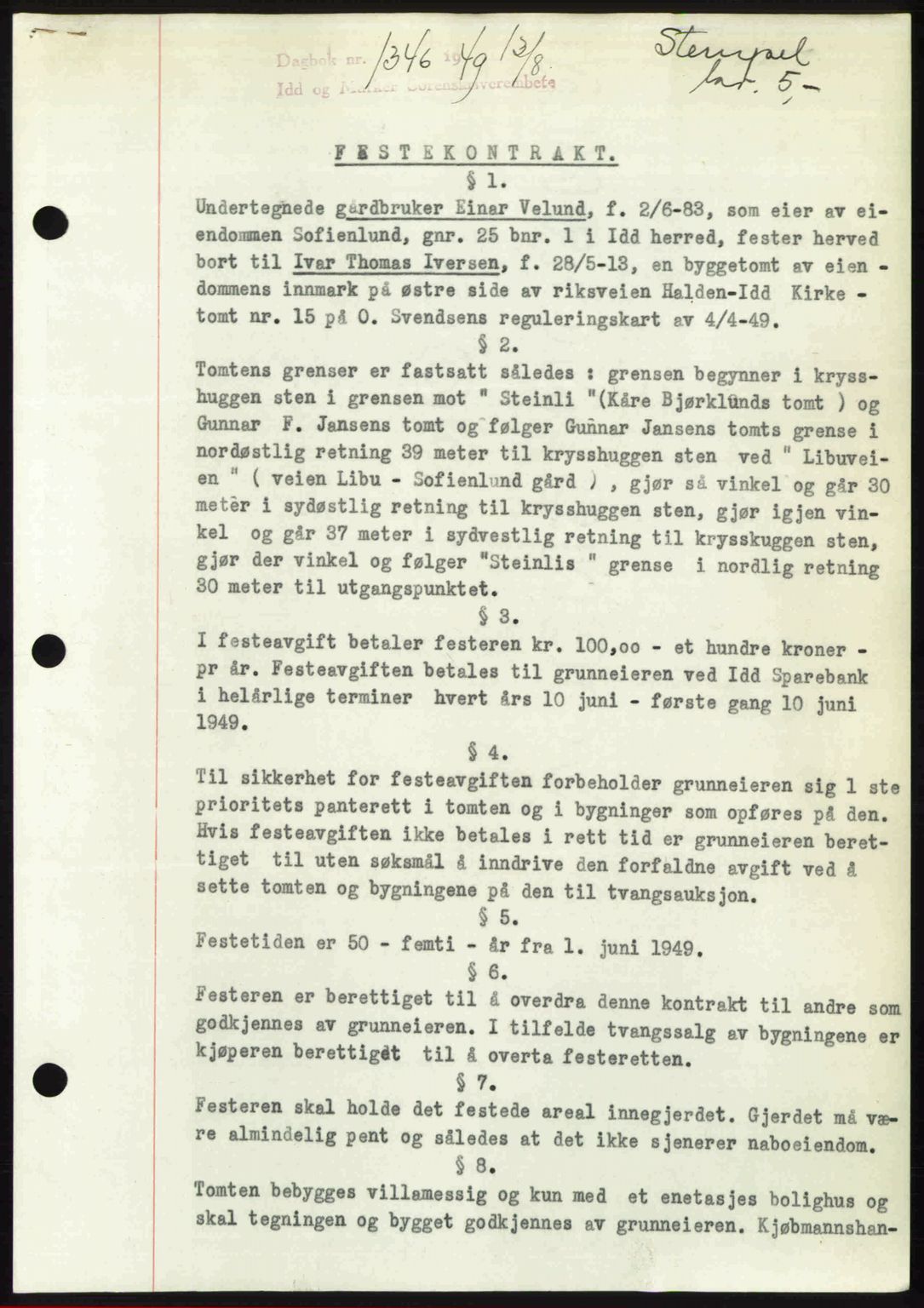 Idd og Marker sorenskriveri, AV/SAO-A-10283/G/Gb/Gbb/L0012: Mortgage book no. A12, 1949-1949, Diary no: : 1346/1949