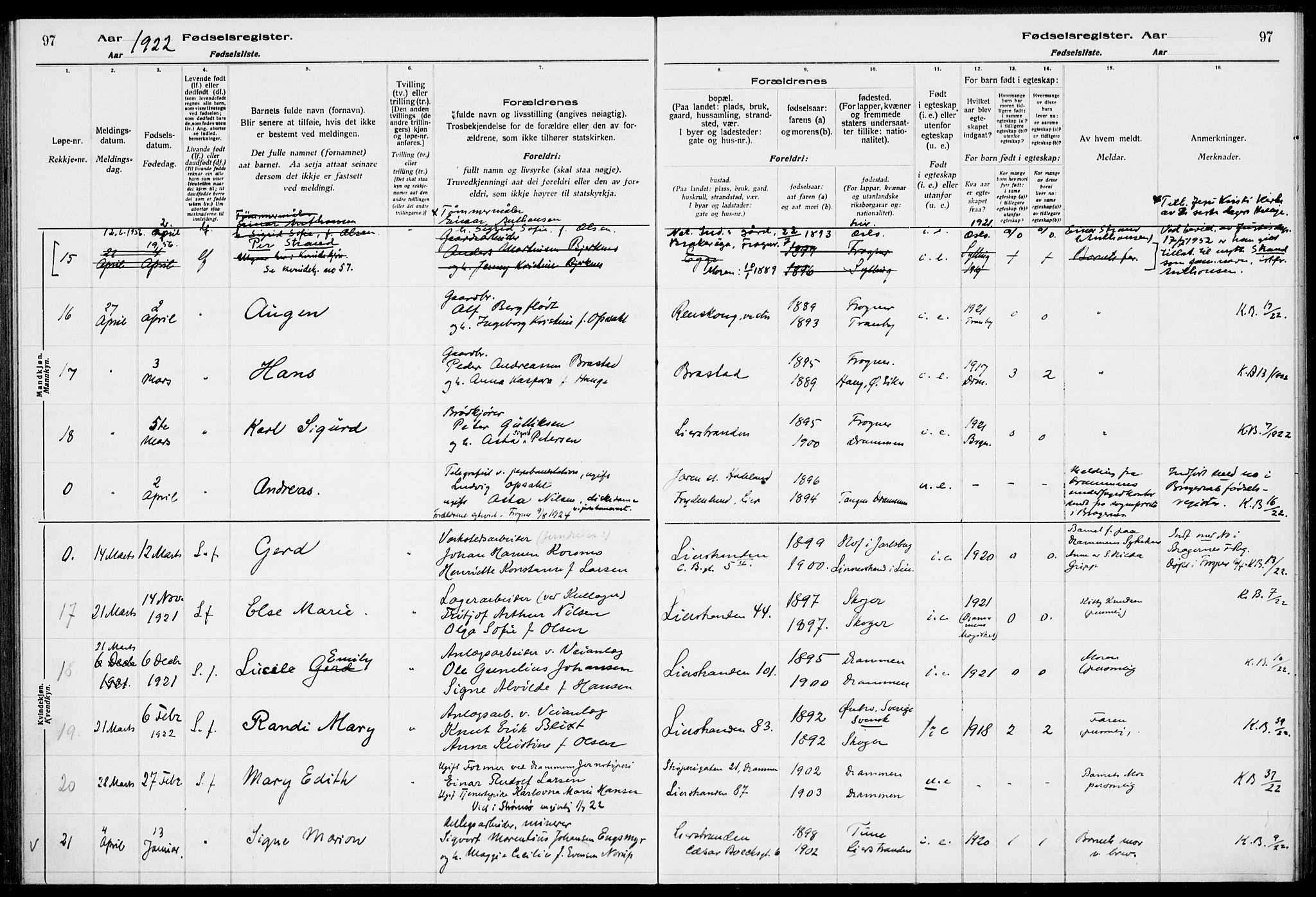 Lier kirkebøker, AV/SAKO-A-230/J/Ja/L0001: Birth register no. 1, 1916-1928, p. 97