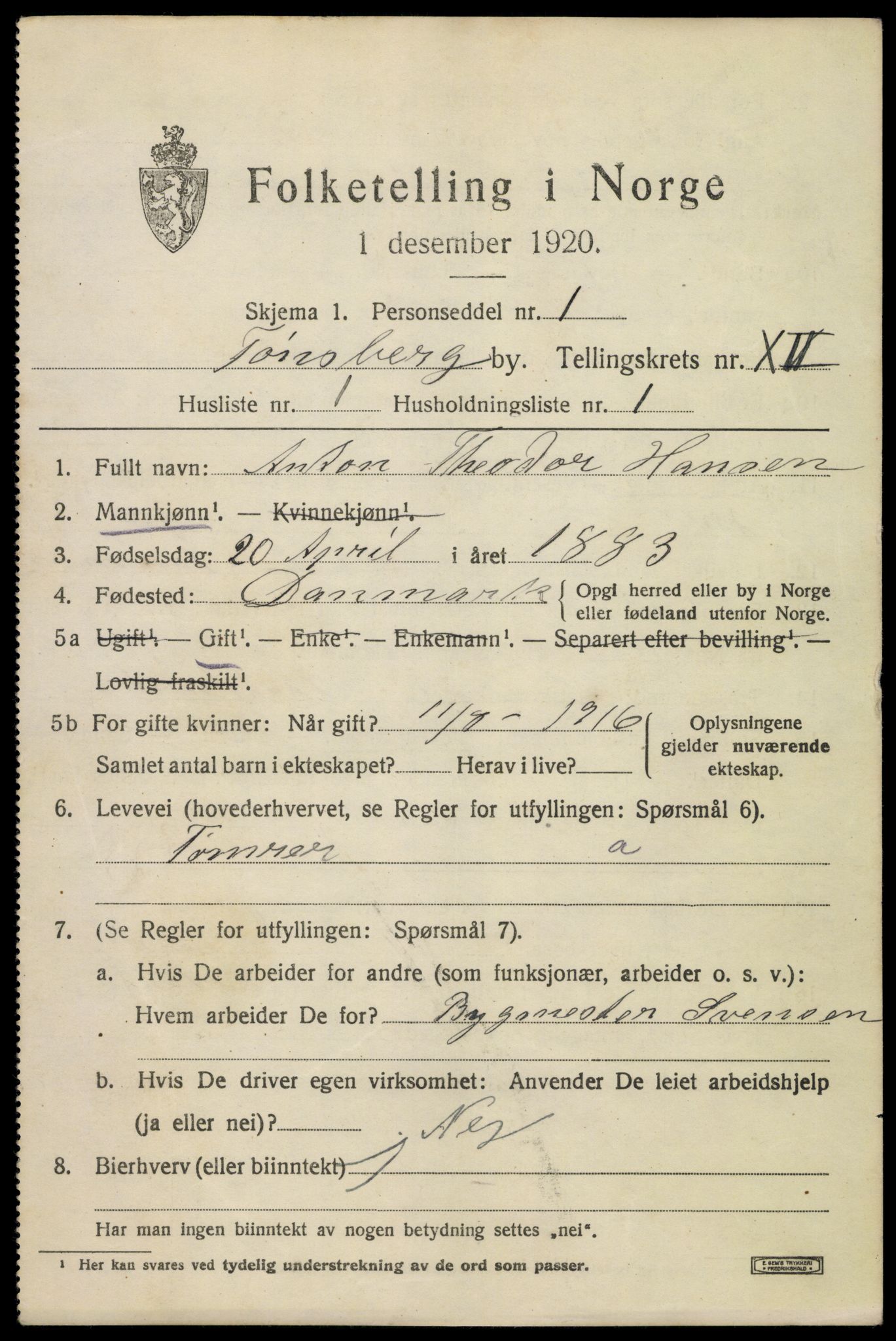 SAKO, 1920 census for Tønsberg, 1920, p. 19965