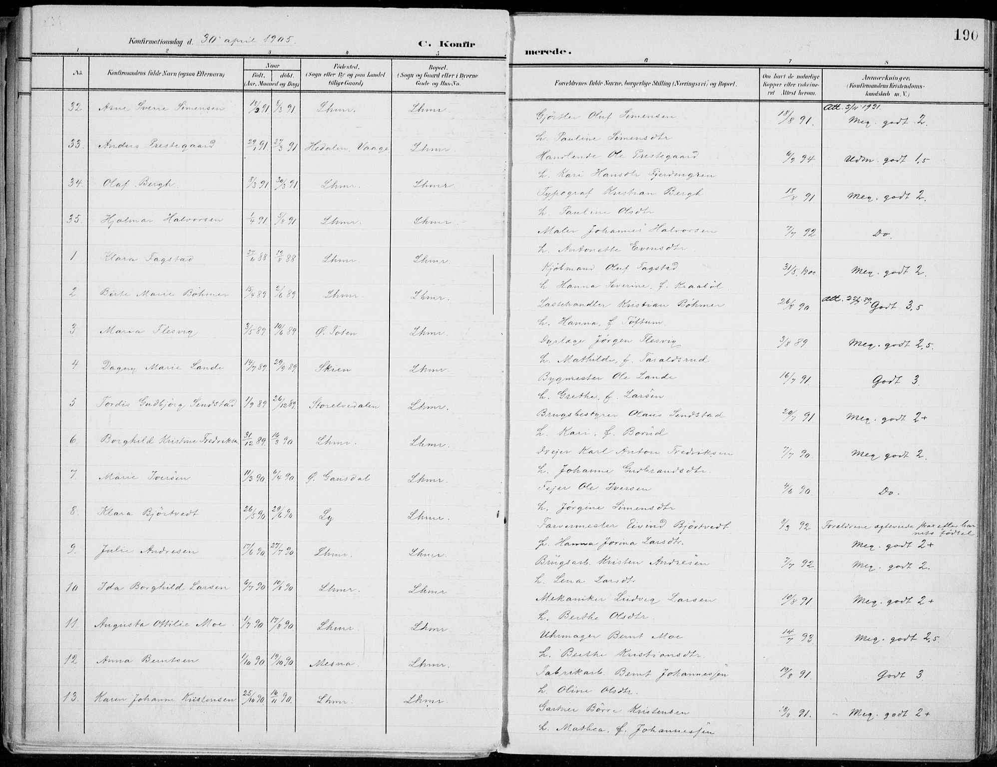 Lillehammer prestekontor, SAH/PREST-088/H/Ha/Haa/L0001: Parish register (official) no. 1, 1901-1916, p. 190
