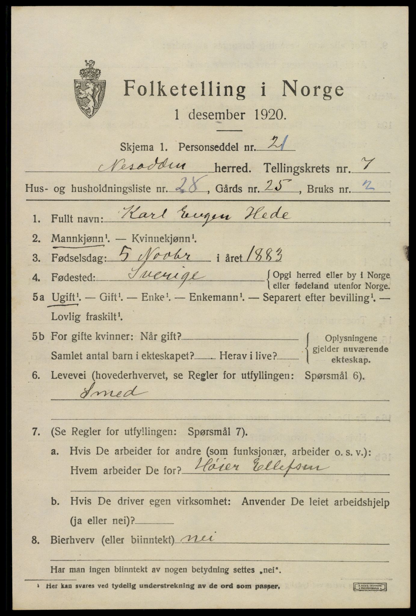 SAO, 1920 census for Nesodden, 1920, p. 5979