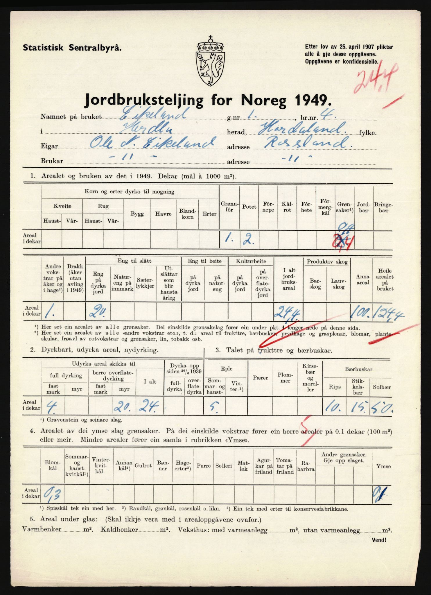 Statistisk sentralbyrå, Næringsøkonomiske emner, Jordbruk, skogbruk, jakt, fiske og fangst, AV/RA-S-2234/G/Gc/L0276: Hordaland: Herdla og Hjelme, 1949, p. 1012