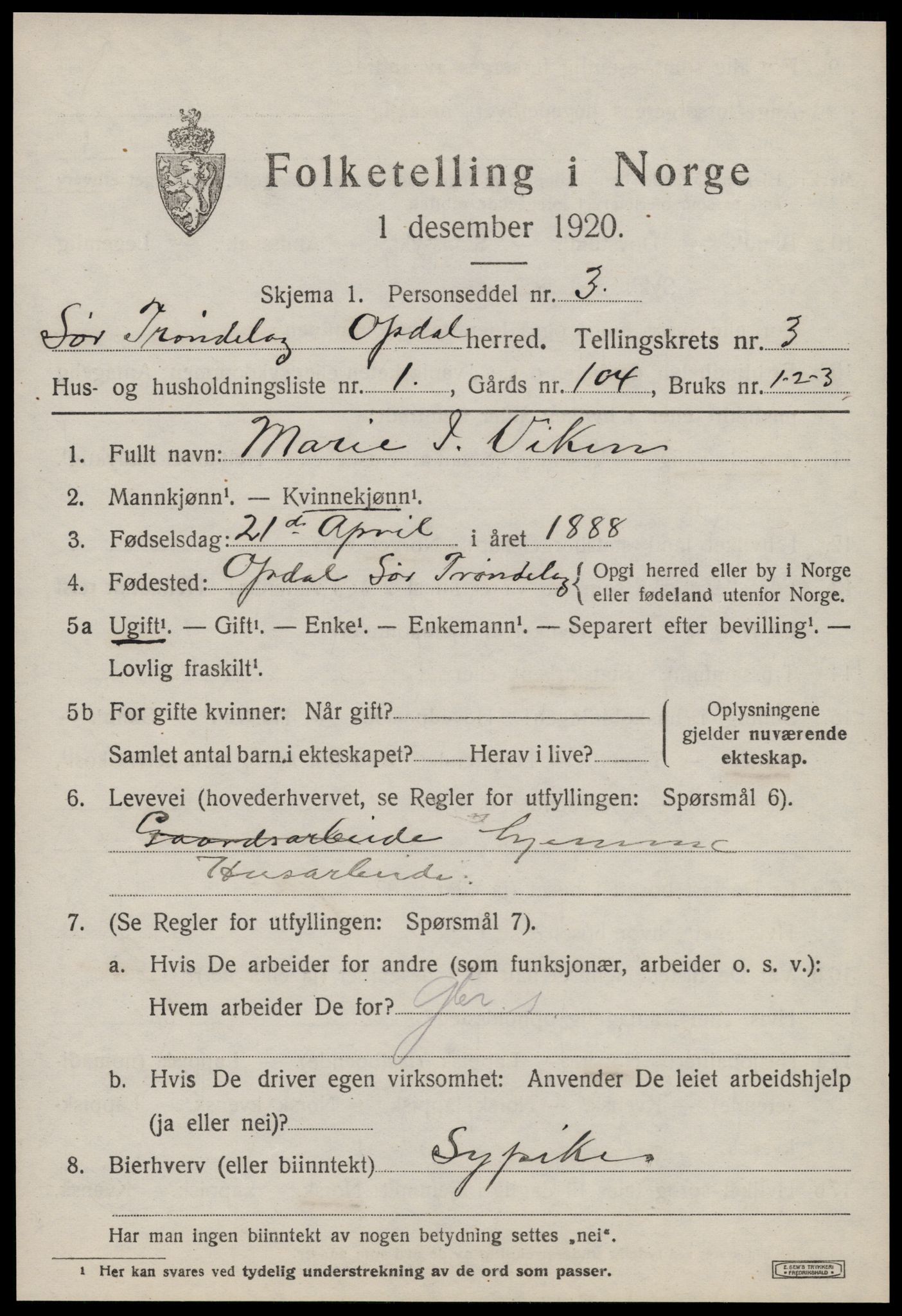 SAT, 1920 census for Oppdal, 1920, p. 3143