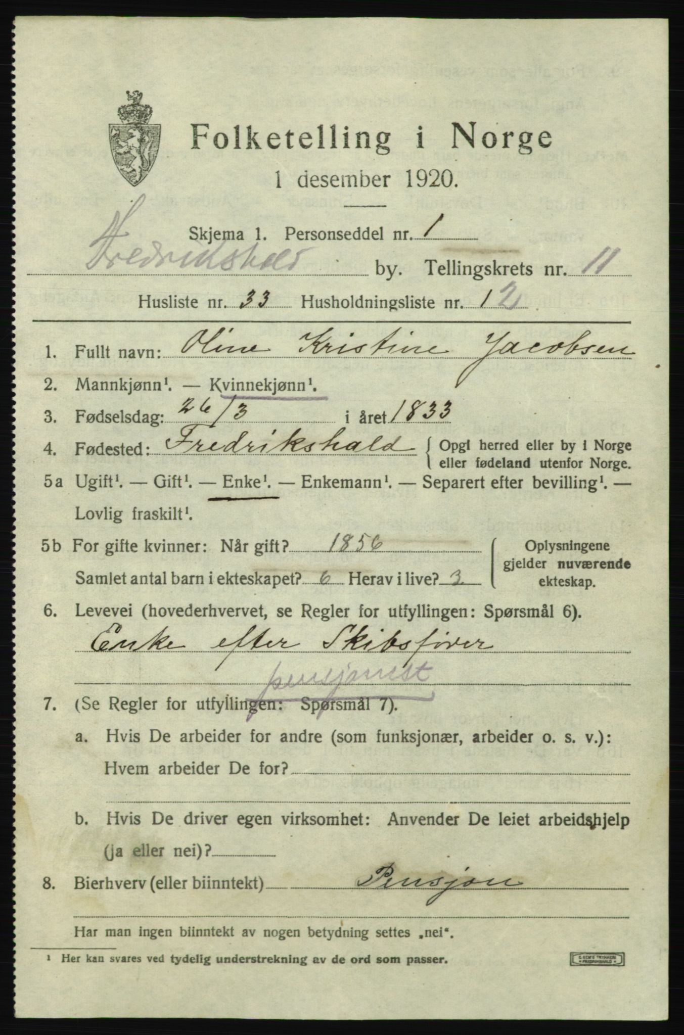 SAO, 1920 census for Fredrikshald, 1920, p. 19743