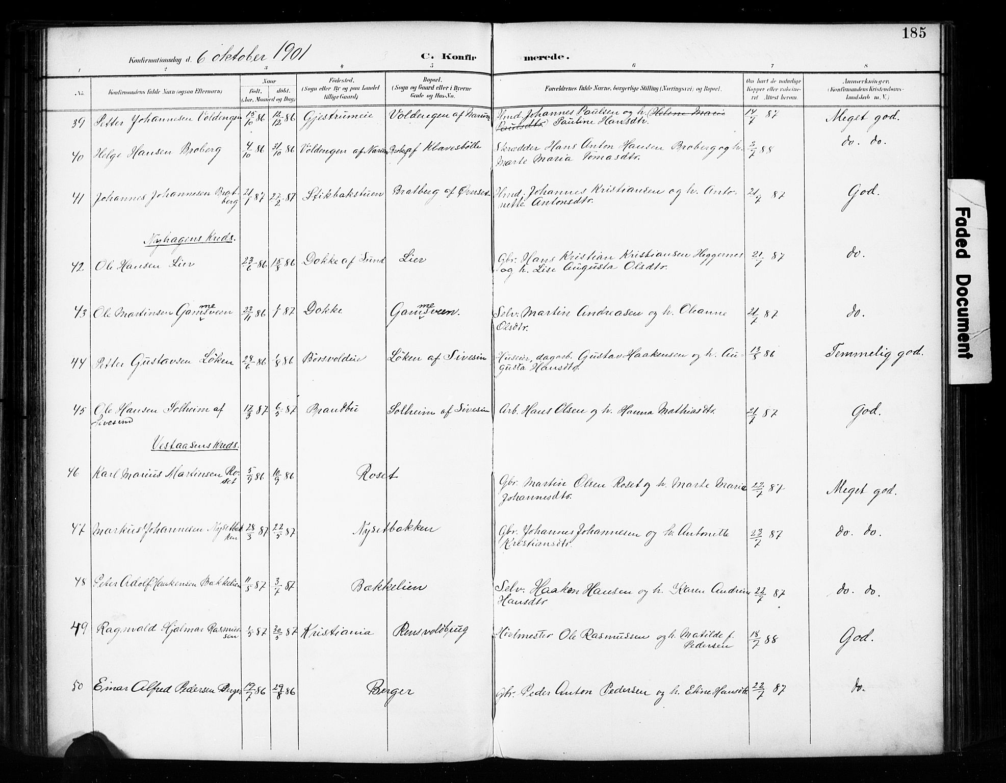 Vestre Toten prestekontor, SAH/PREST-108/H/Ha/Haa/L0011: Parish register (official) no. 11, 1895-1906, p. 185