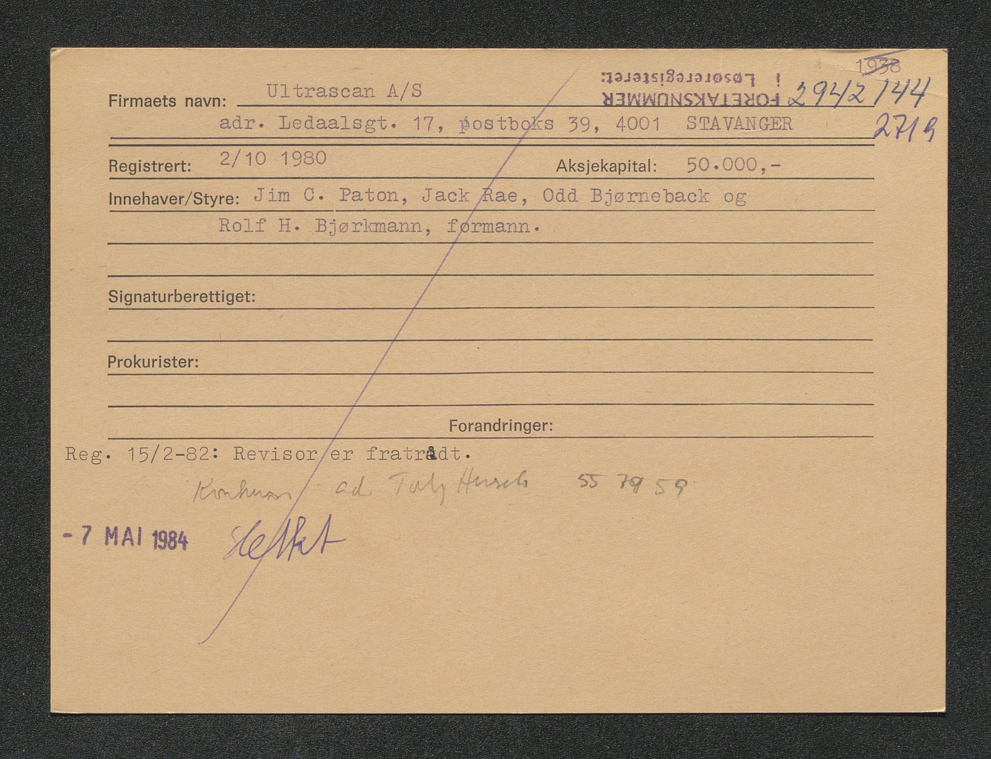 Stavanger byfogd, AV/SAST-A-101408/001/4/42/422/4221A/L0005: Register over slettede firma N-R, 1891-1987, p. 535