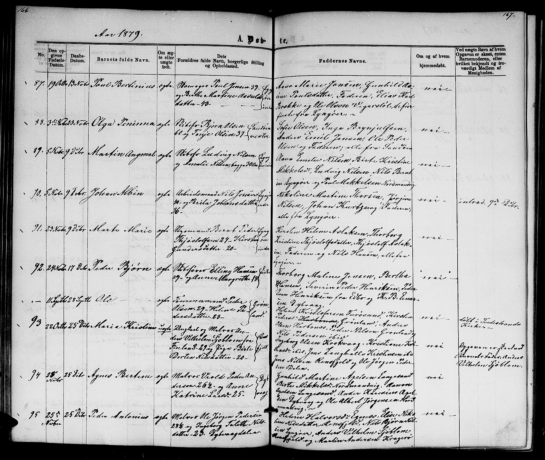 Dypvåg sokneprestkontor, AV/SAK-1111-0007/F/Fb/Fba/L0012: Parish register (copy) no. B 12, 1872-1886, p. 166-167