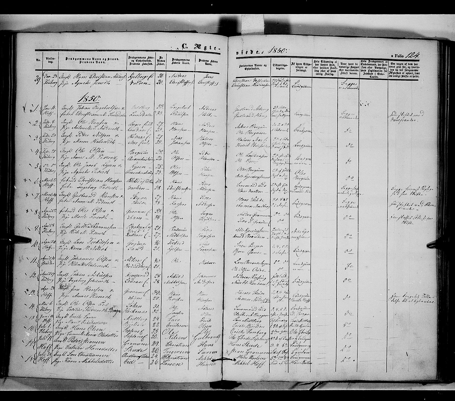 Land prestekontor, AV/SAH-PREST-120/H/Ha/Haa/L0009: Parish register (official) no. 9, 1847-1859, p. 124