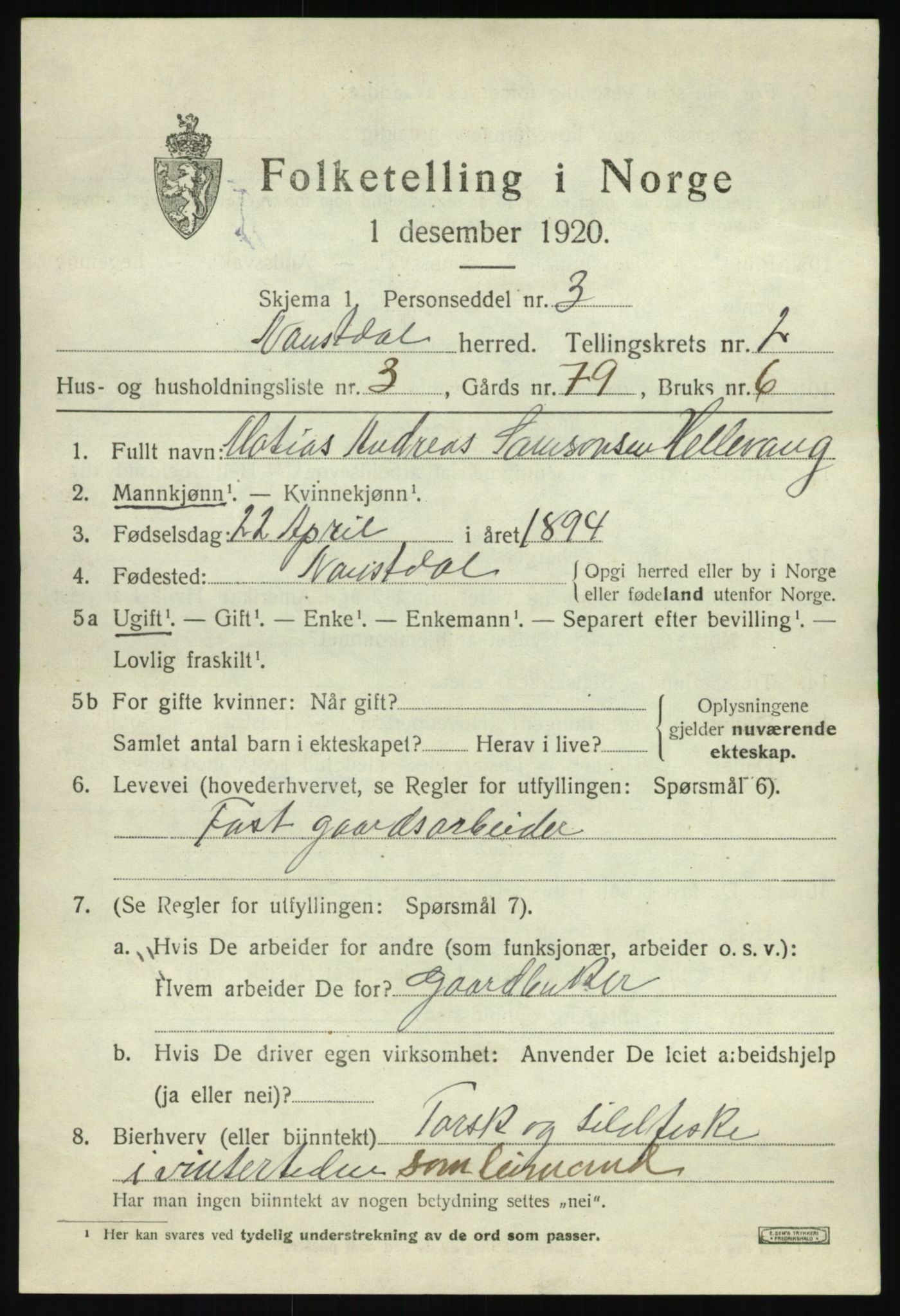 SAB, 1920 census for Naustdal, 1920, p. 1289