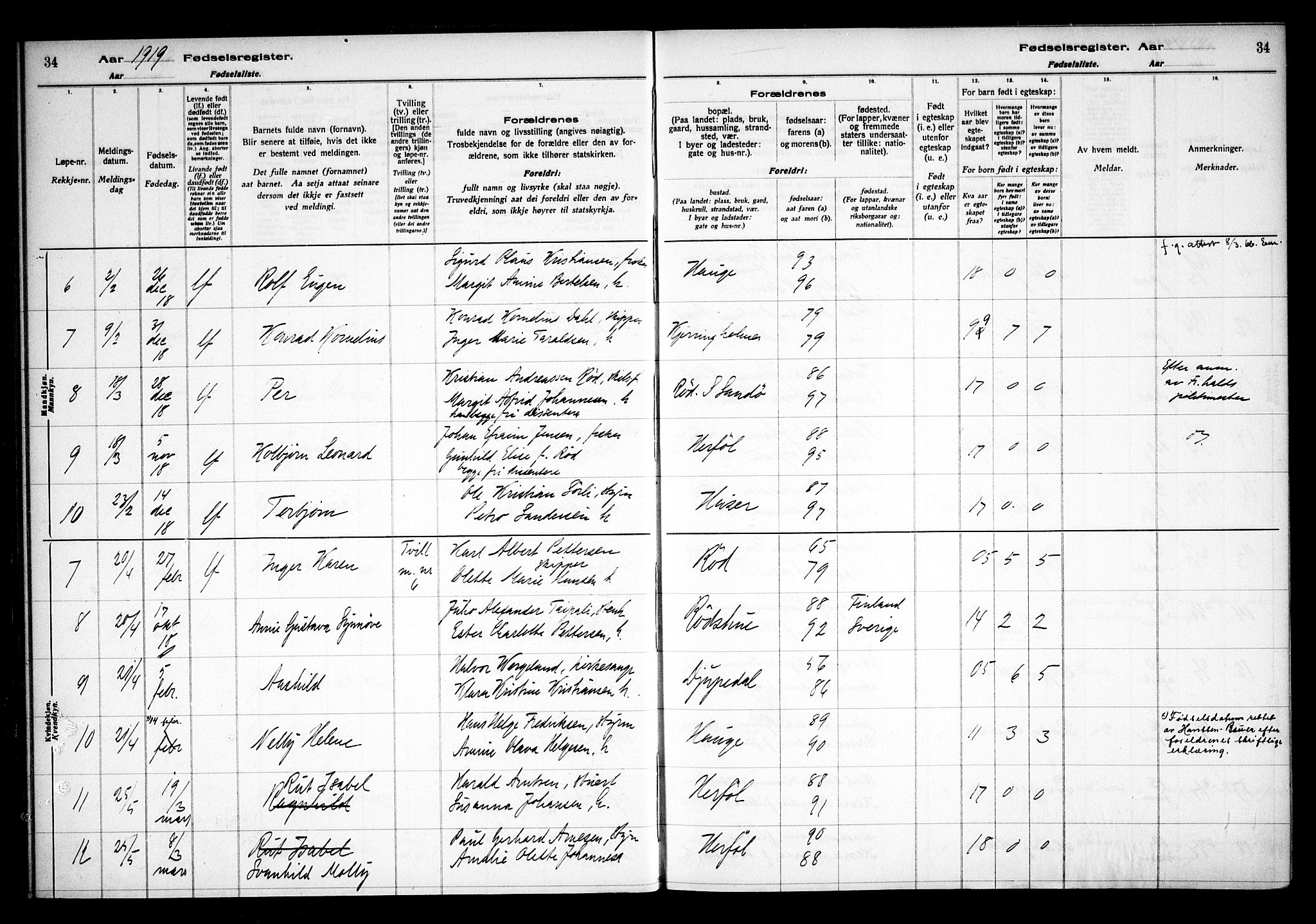 Hvaler prestekontor Kirkebøker, AV/SAO-A-2001/J/Ja/L0001: Birth register no. I 1, 1916-1938, p. 34