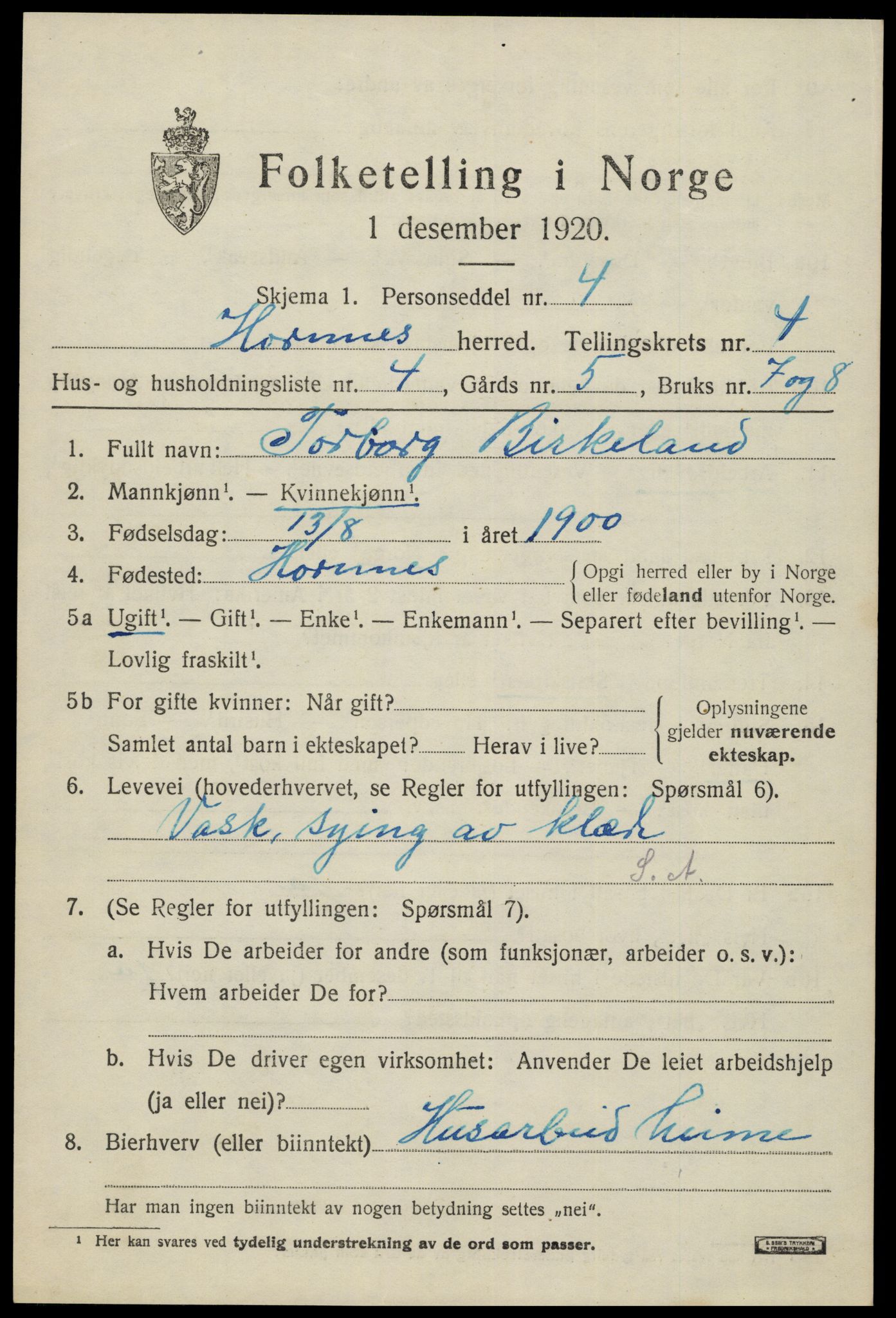 SAK, 1920 census for Hornnes, 1920, p. 1179
