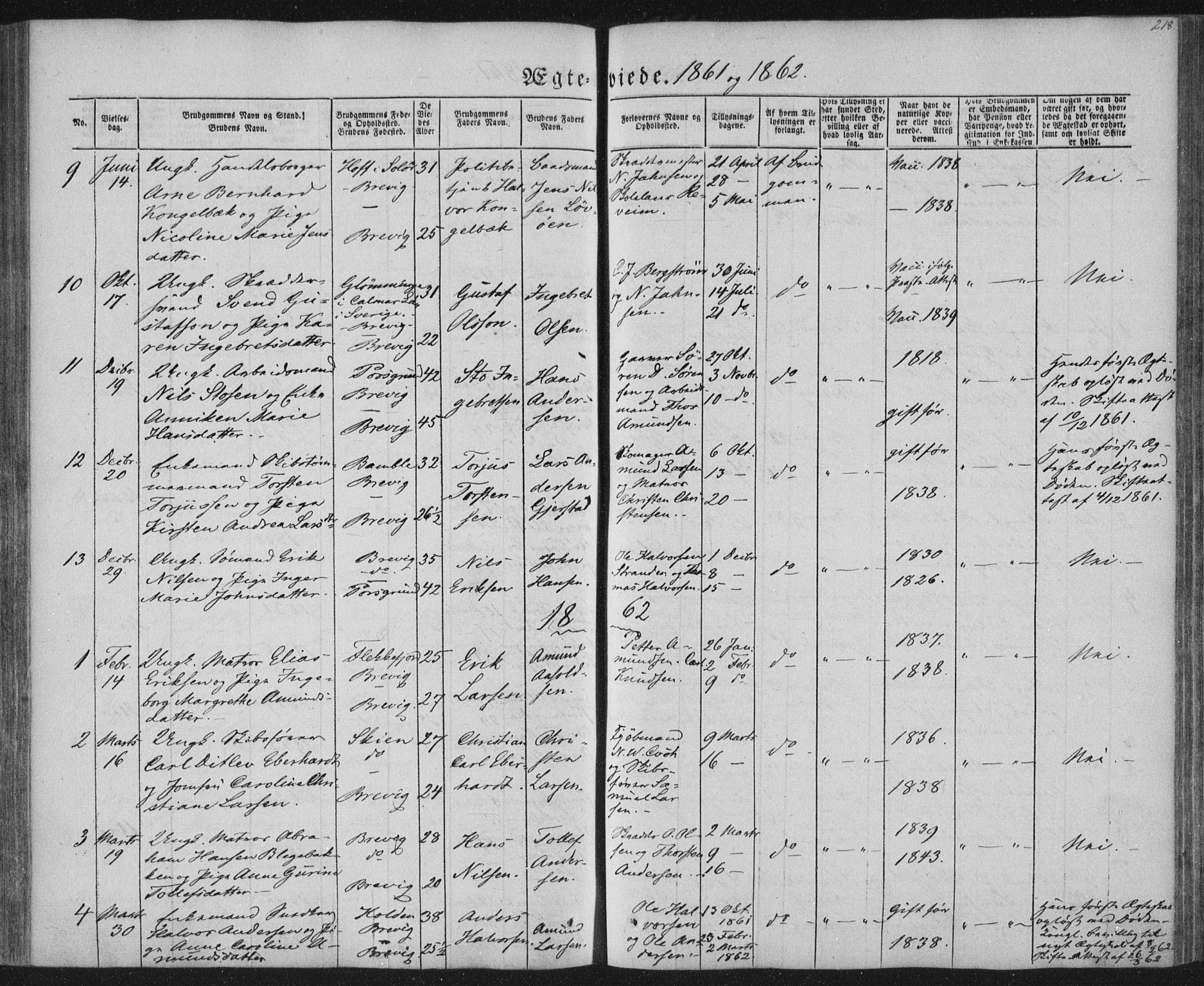 Brevik kirkebøker, SAKO/A-255/F/Fa/L0005: Parish register (official) no. 5, 1847-1865, p. 218
