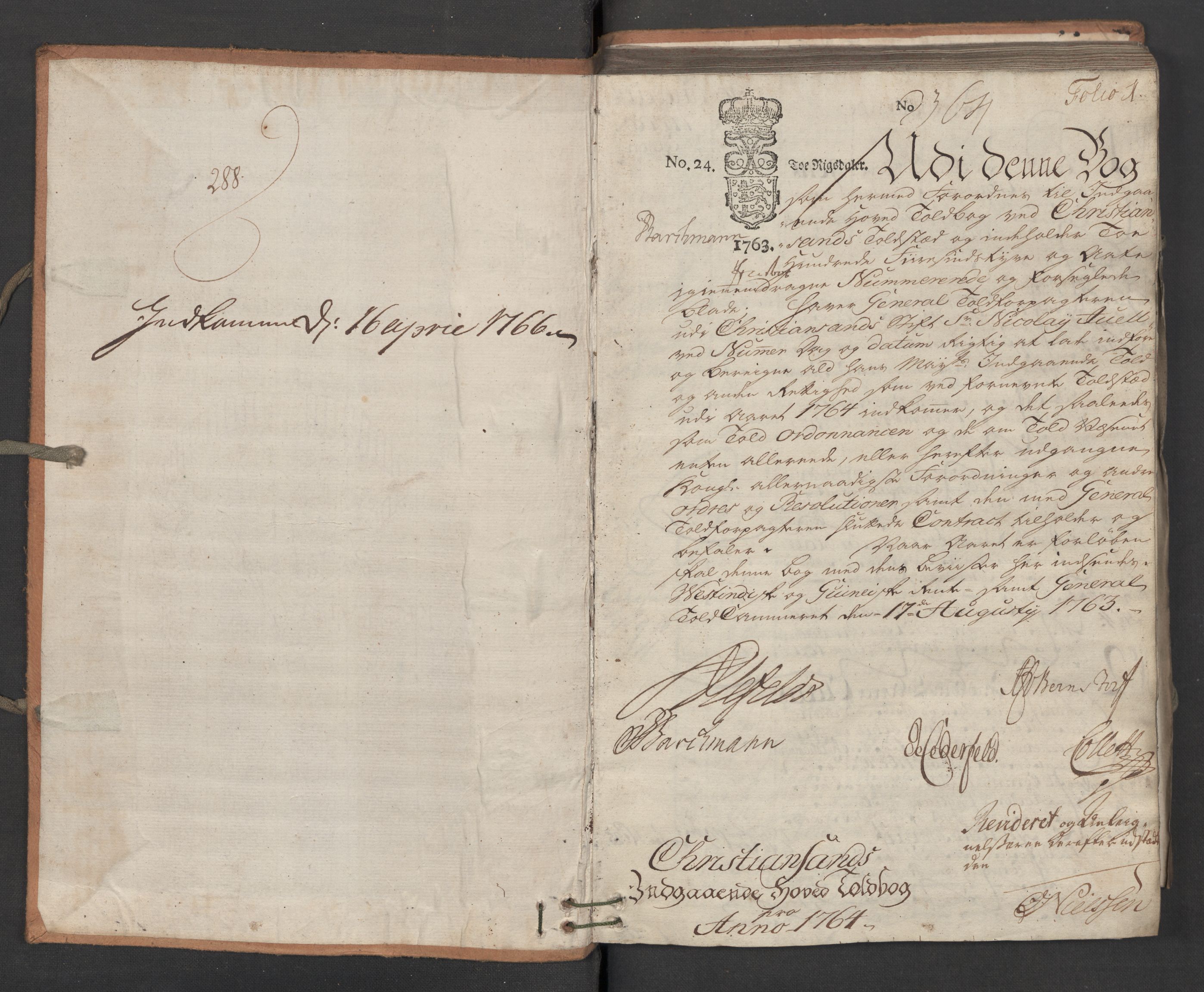 Generaltollkammeret, tollregnskaper, AV/RA-EA-5490/R16/L0054/0001: Tollregnskaper Kristiansand / Inngående hovedtollbok, 1764, p. 1a