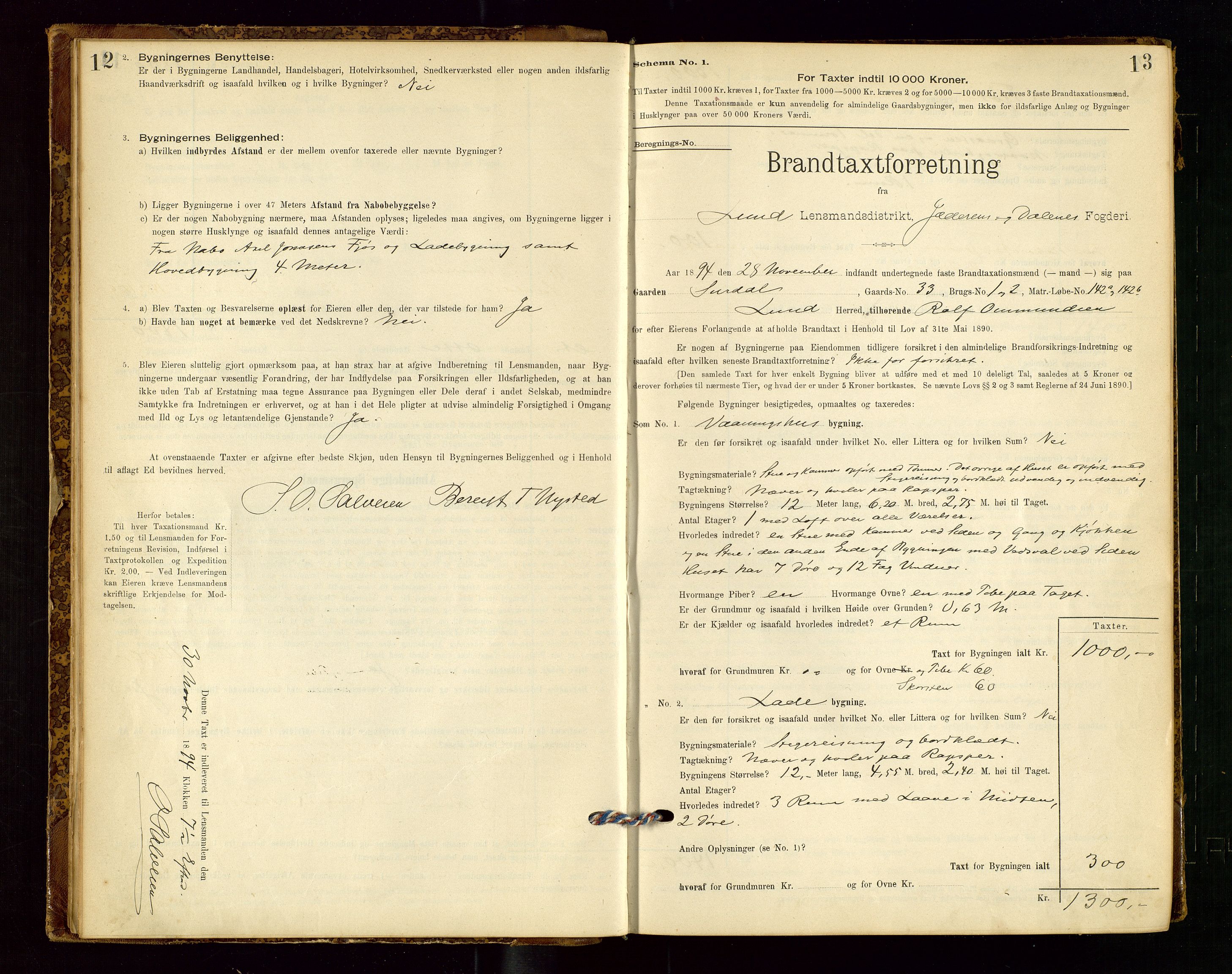 Lund lensmannskontor, SAST/A-100303/Gob/L0001: "Brandtakstprotokol", 1894-1907, p. 12-13