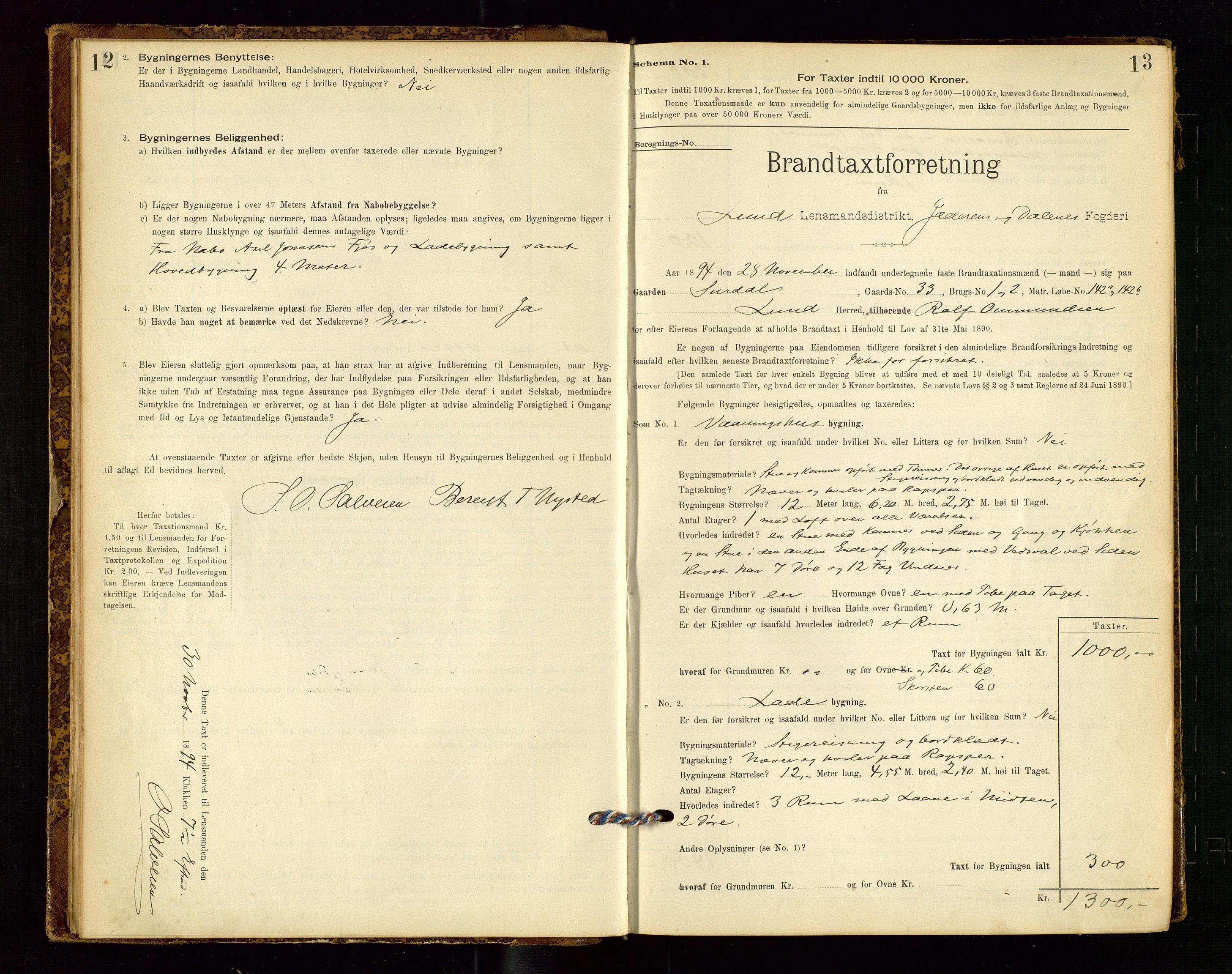 Lund lensmannskontor, AV/SAST-A-100303/Gob/L0001: "Brandtakstprotokol", 1894-1907, p. 12-13