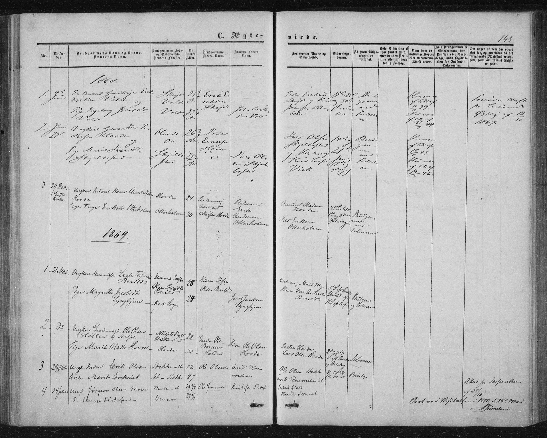 Ministerialprotokoller, klokkerbøker og fødselsregistre - Møre og Romsdal, SAT/A-1454/543/L0562: Parish register (official) no. 543A02, 1854-1884, p. 143