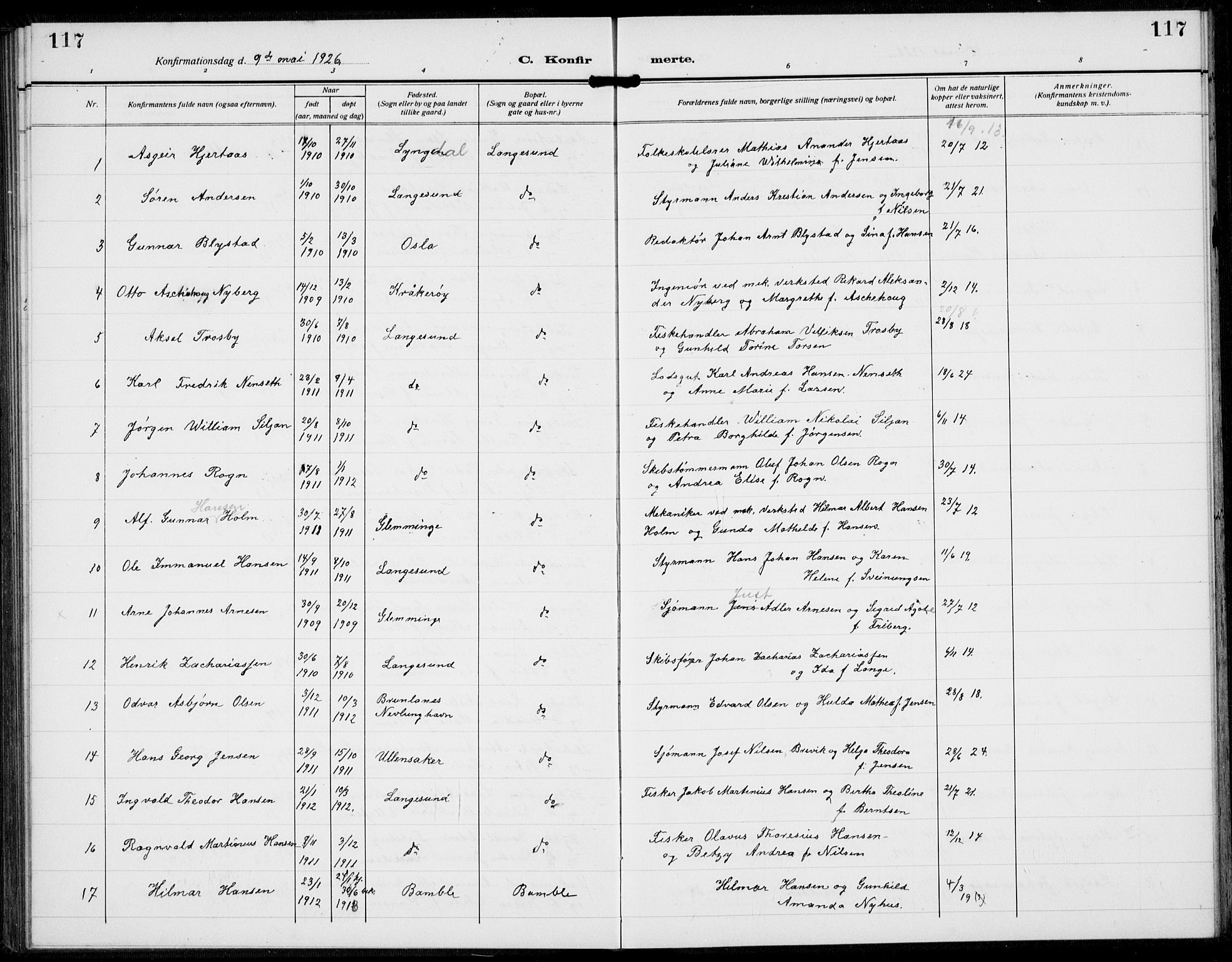 Langesund kirkebøker, AV/SAKO-A-280/G/Ga/L0007: Parish register (copy) no. 7, 1919-1939, p. 117