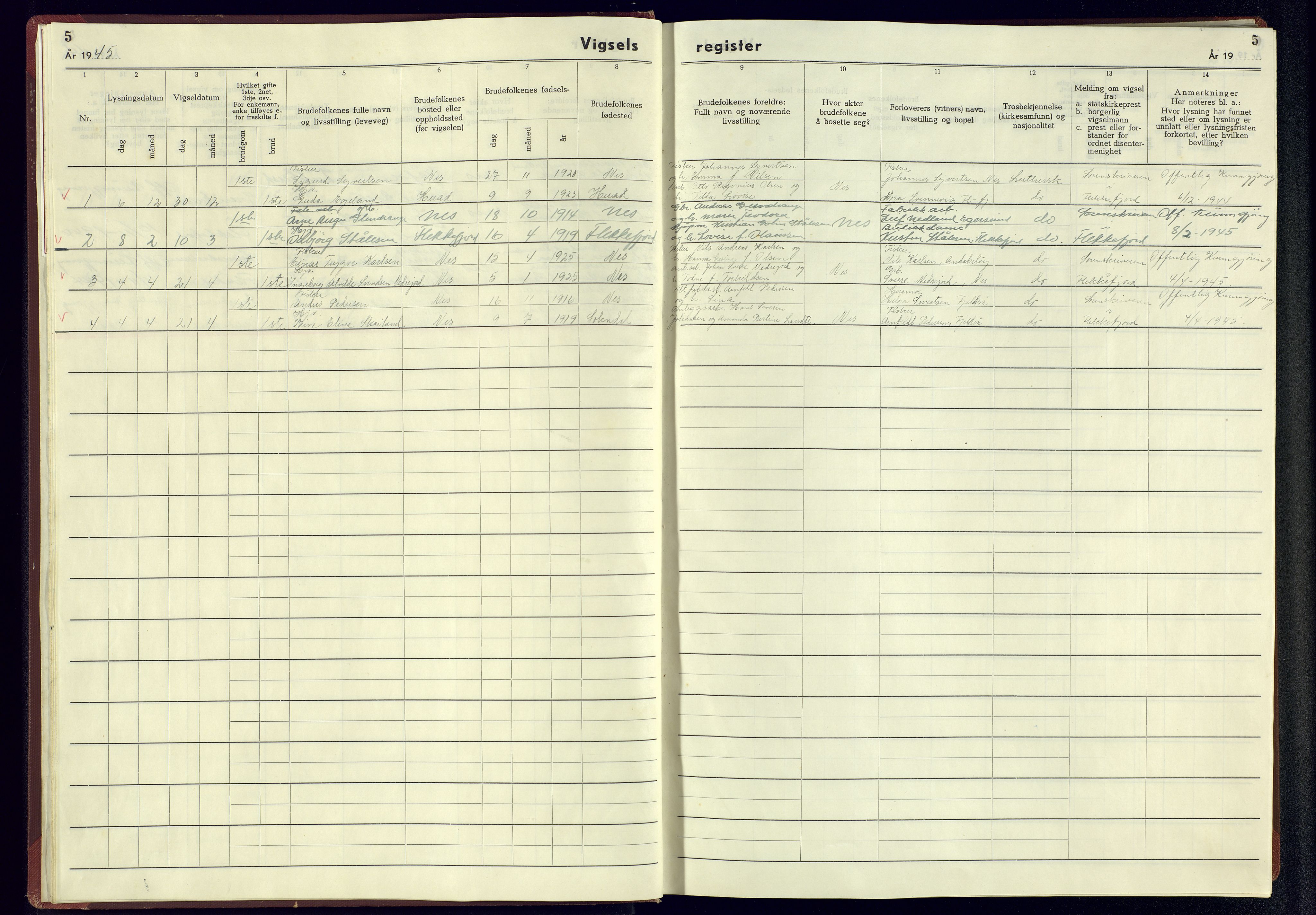 Flekkefjord sokneprestkontor, SAK/1111-0012/J/Jb/L0005: Marriage register no. A-VI-6, 1942-1945, p. 5