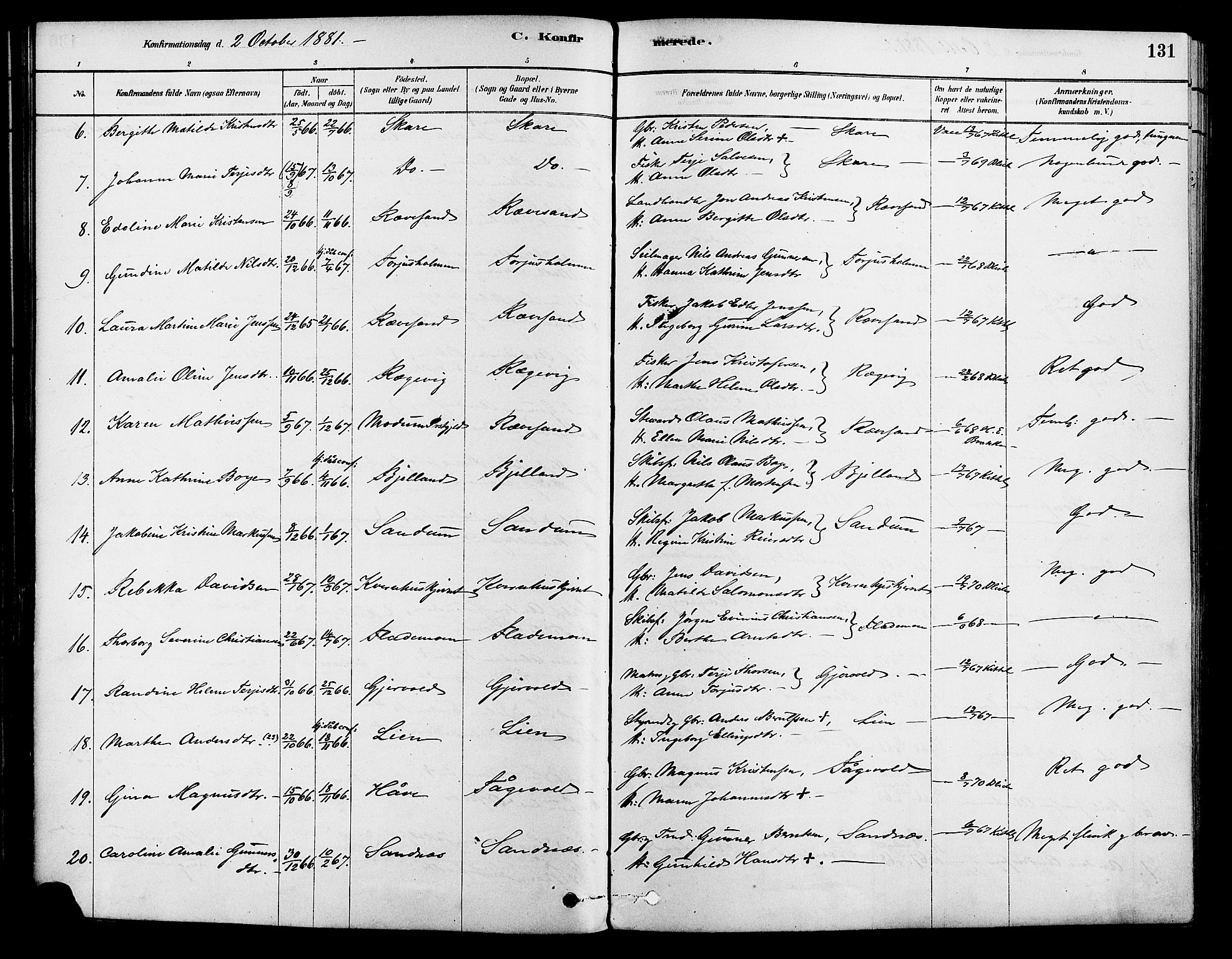 Tromøy sokneprestkontor, AV/SAK-1111-0041/F/Fa/L0009: Parish register (official) no. A 9, 1878-1896, p. 131