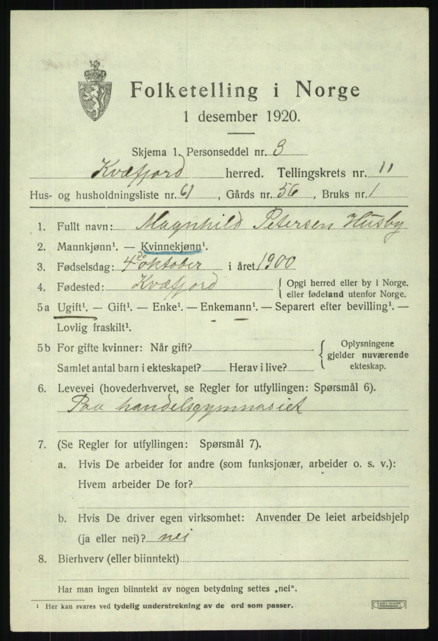 SATØ, 1920 census for Kvæfjord, 1920, p. 5735