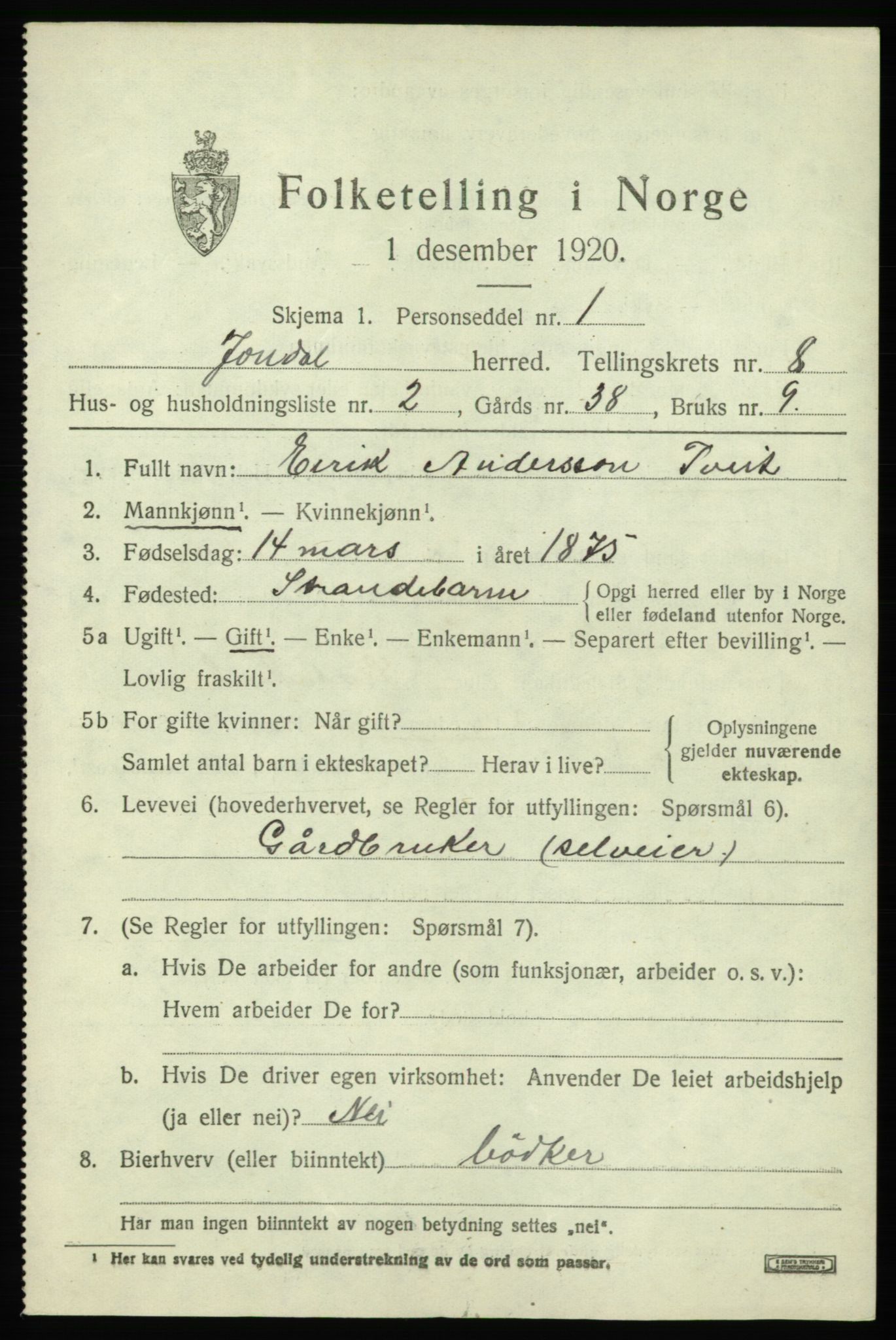 SAB, 1920 census for Jondal, 1920, p. 4240