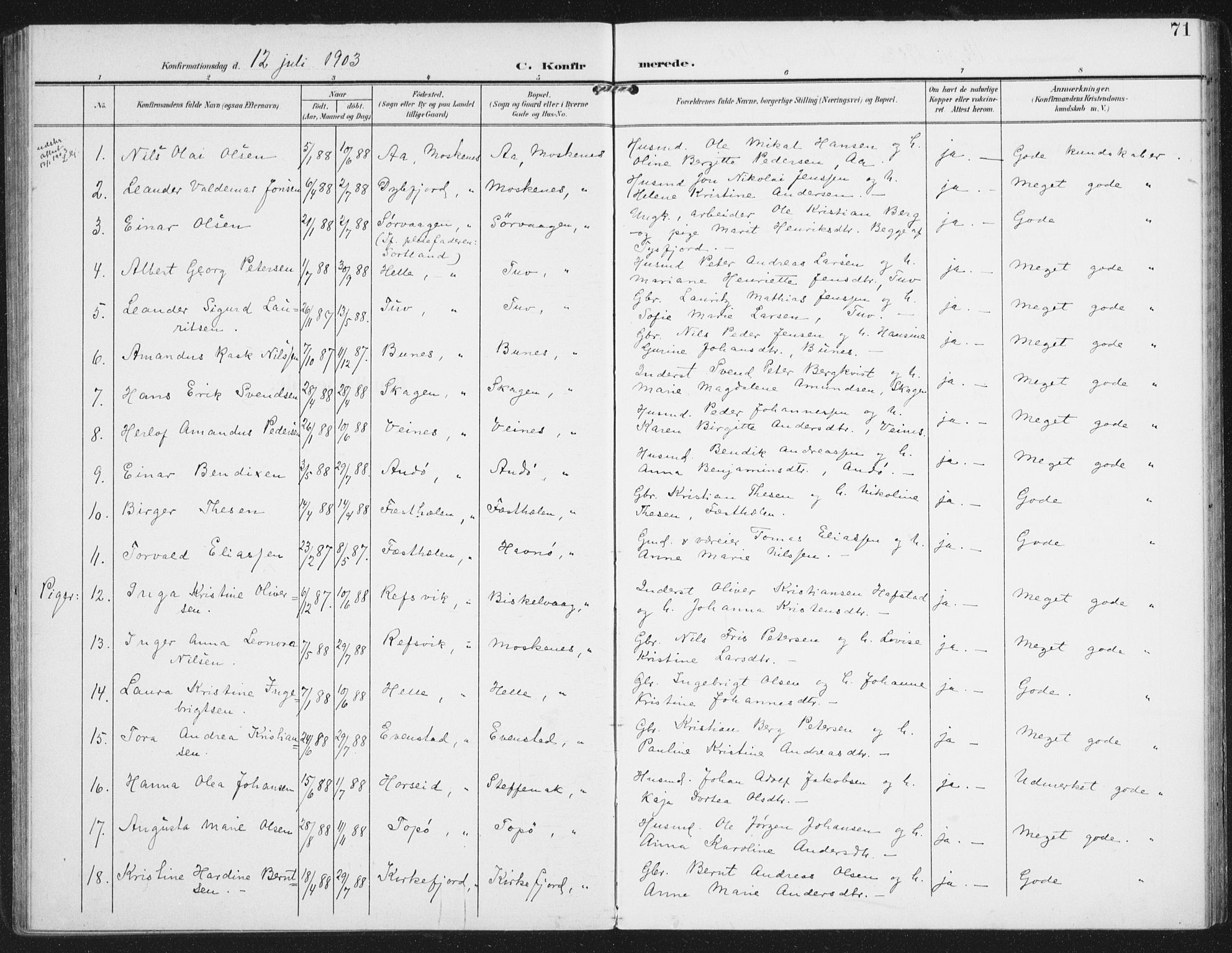 Ministerialprotokoller, klokkerbøker og fødselsregistre - Nordland, SAT/A-1459/886/L1221: Parish register (official) no. 886A03, 1903-1913, p. 71