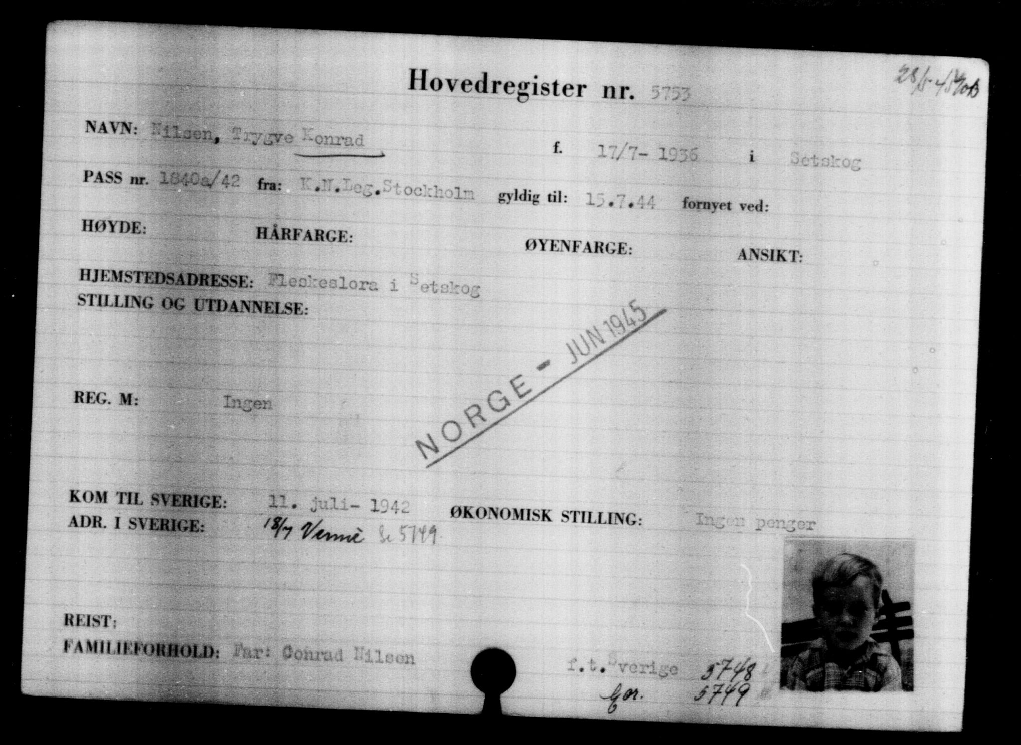 Utenriksstasjonene, Legasjonen i Stockholm, Flyktningkontoret, AV/RA-S-6753/V/Va/L0004: Kjesäterkartoteket, flyktninger med registreringsnr. 3496-6610, 1940-1945, p. 2616