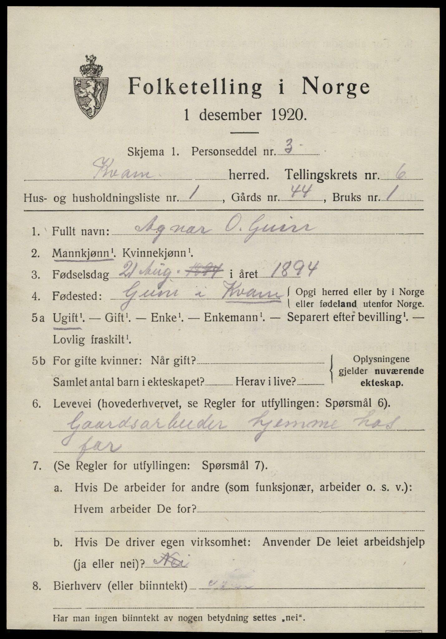 SAT, 1920 census for Kvam, 1920, p. 1587
