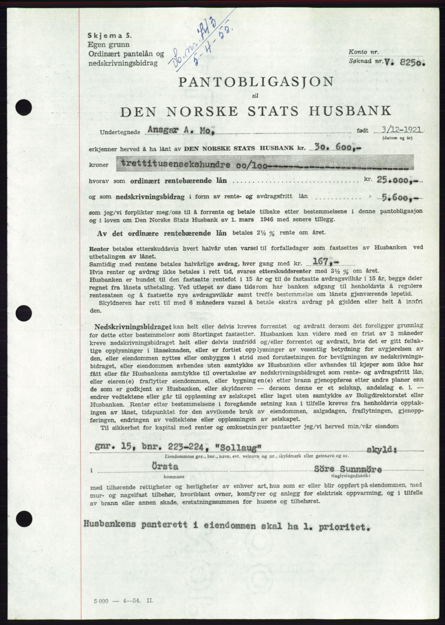 Søre Sunnmøre sorenskriveri, AV/SAT-A-4122/1/2/2C/L0126: Mortgage book no. 14B, 1954-1955, Diary no: : 743/1955