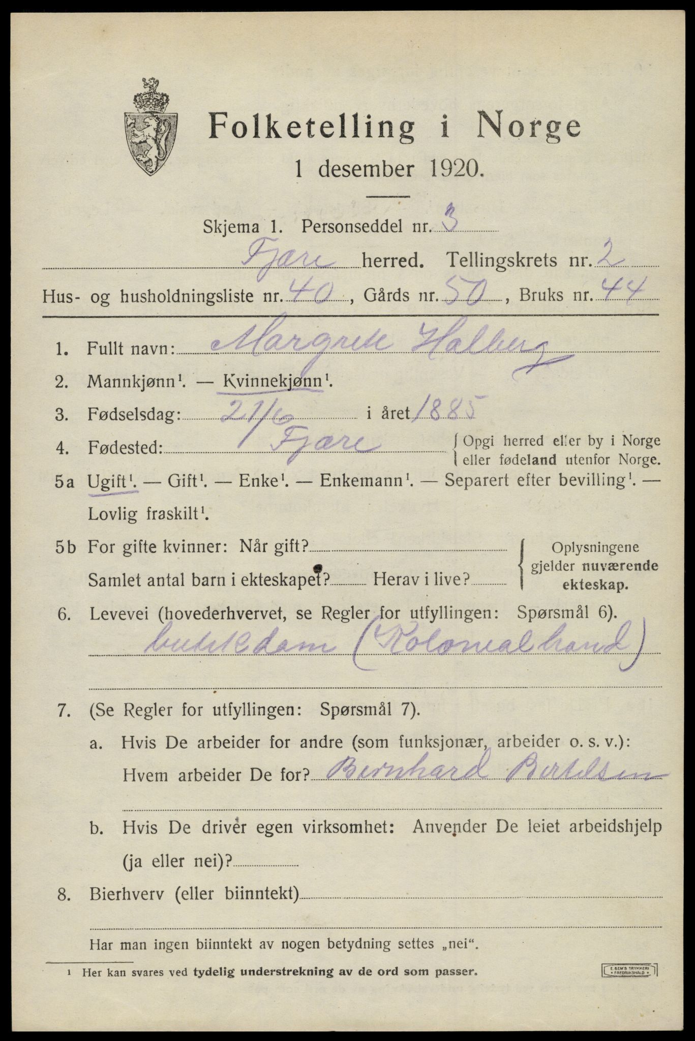 SAK, 1920 census for Fjære, 1920, p. 3725