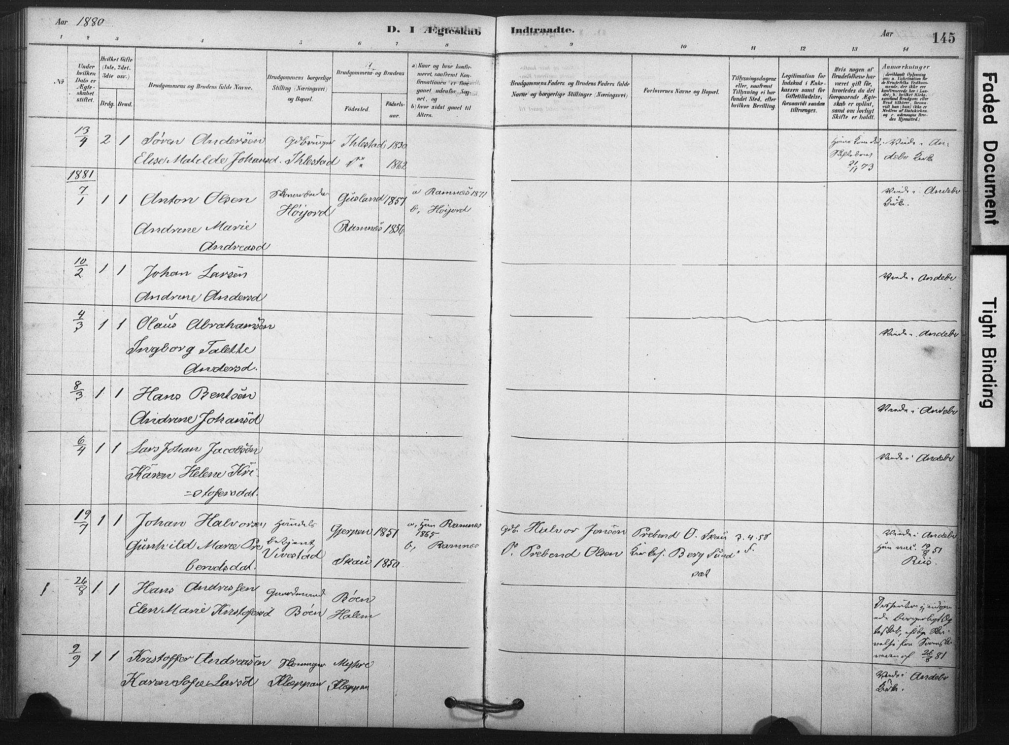 Andebu kirkebøker, SAKO/A-336/F/Fa/L0009: Parish register (official) no. 9, 1878-1909, p. 145