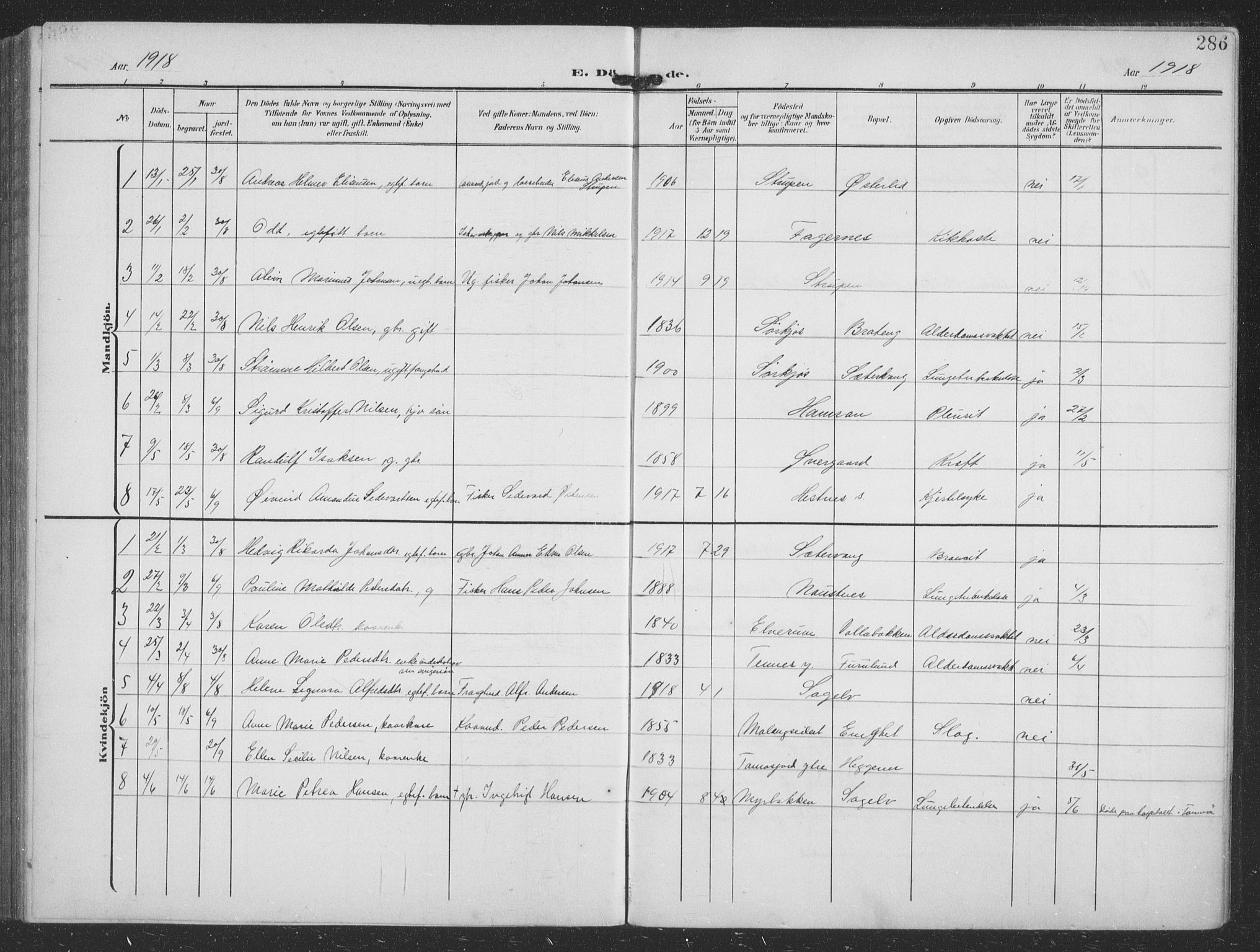 Balsfjord sokneprestembete, SATØ/S-1303/G/Ga/L0009klokker: Parish register (copy) no. 9, 1906-1920, p. 286