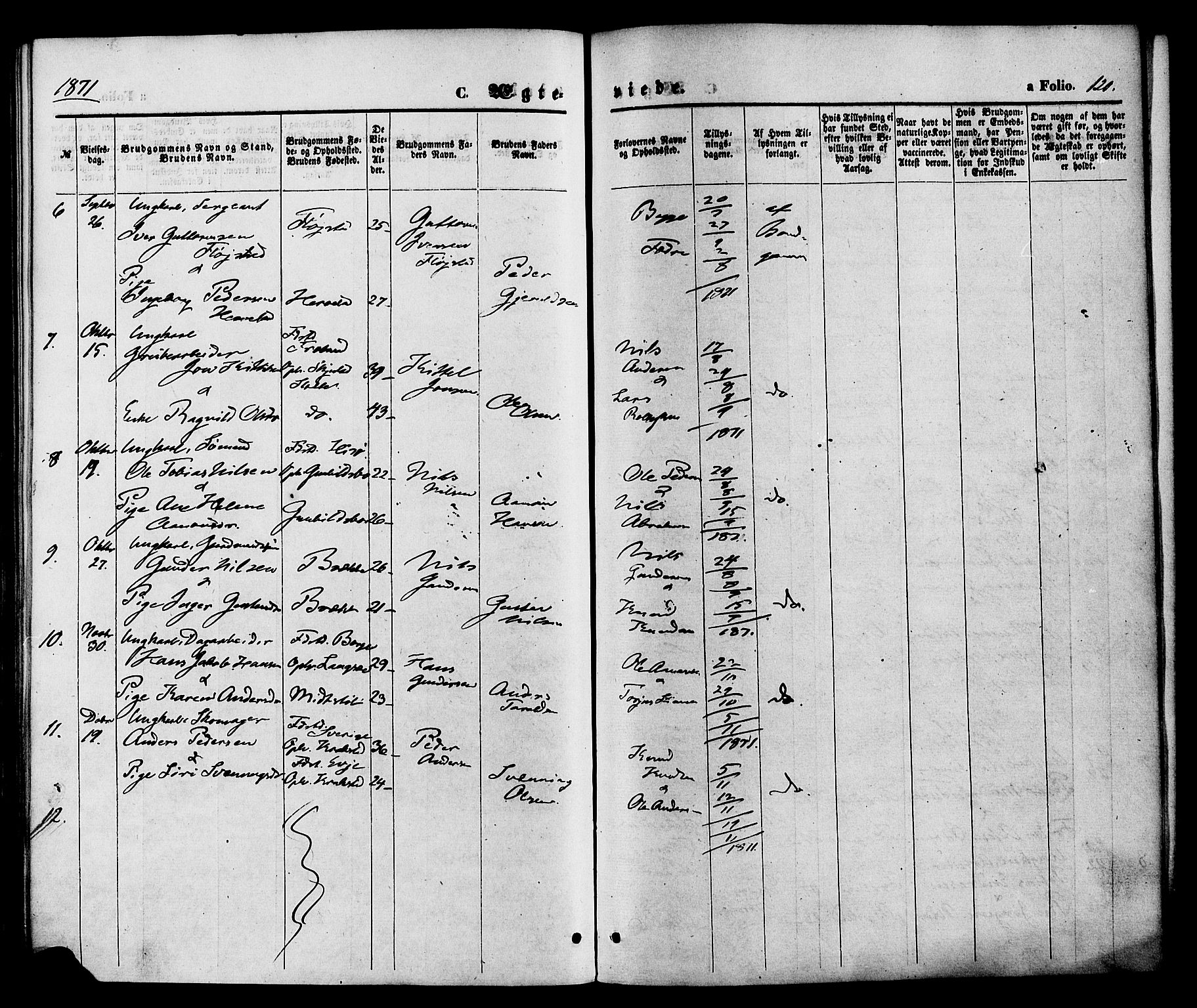 Austre Moland sokneprestkontor, SAK/1111-0001/F/Fa/Faa/L0009: Parish register (official) no. A 9, 1869-1879, p. 120